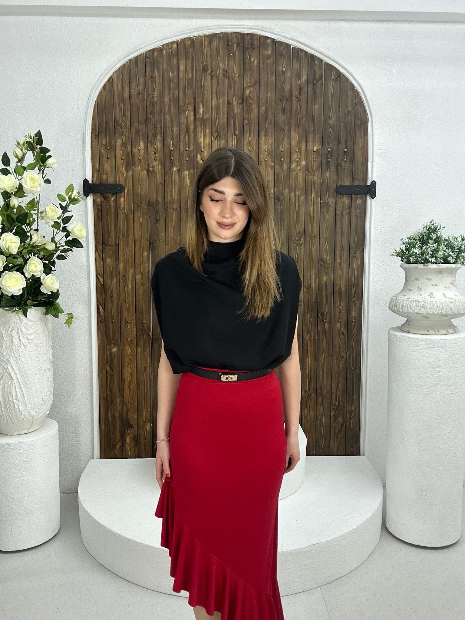 Sandy Kumaş Asimetrik Kesim Volan Detay Midi Boy Etek