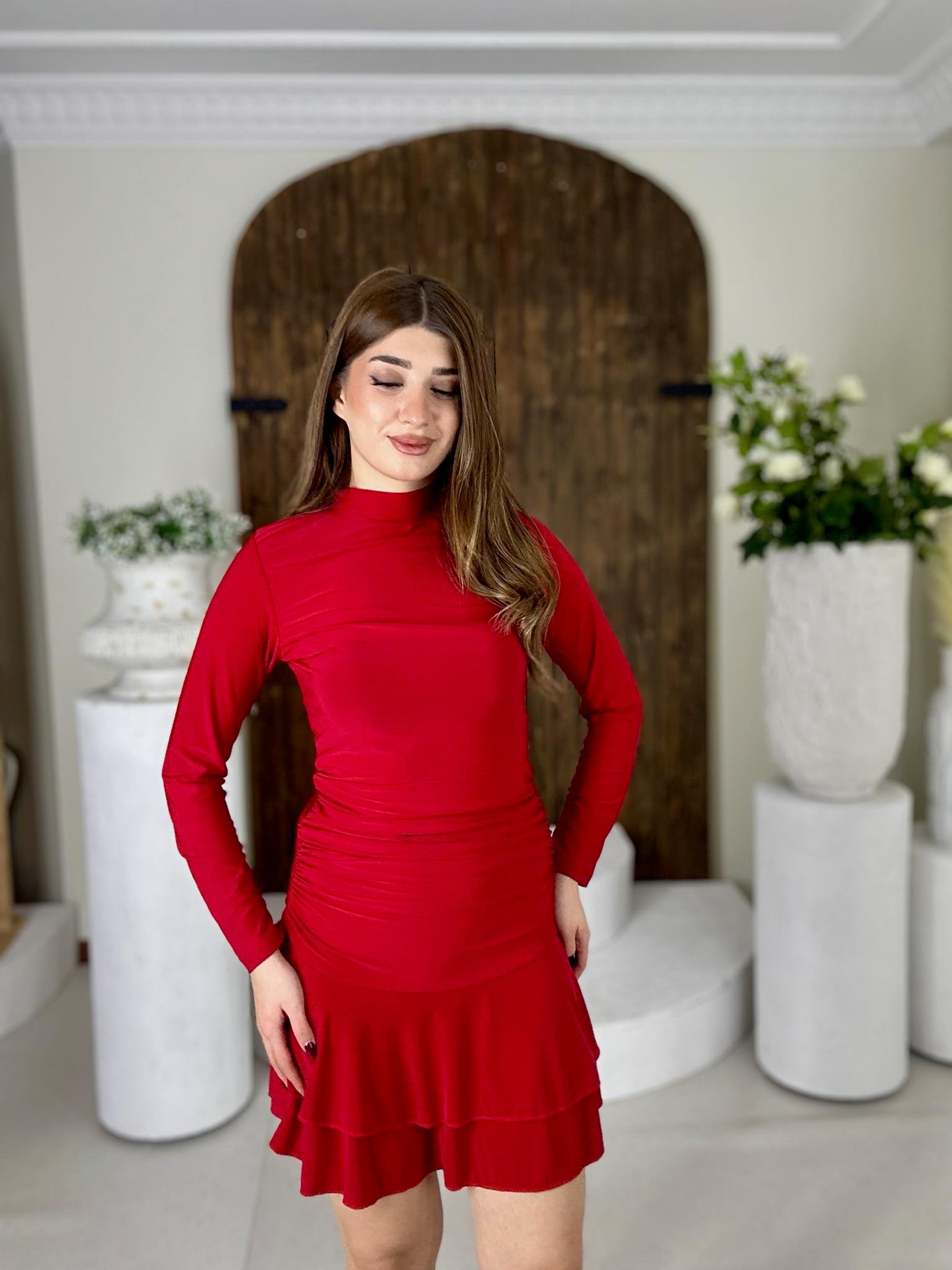 Sandy Kumaş Balıkçı Yaka Kat Etekli Elbise Kırmızı