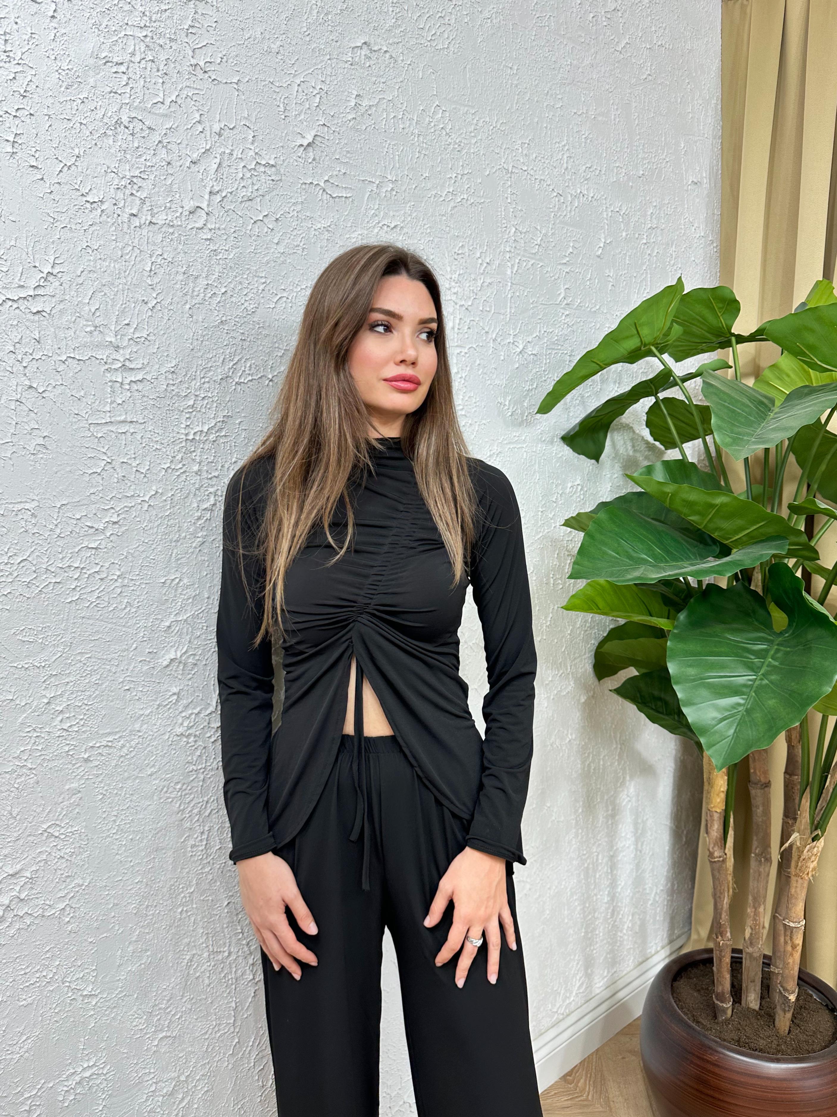 Sandy Kumaş Büzgü Detay Pantolon Bluz İkili Siyah Takım