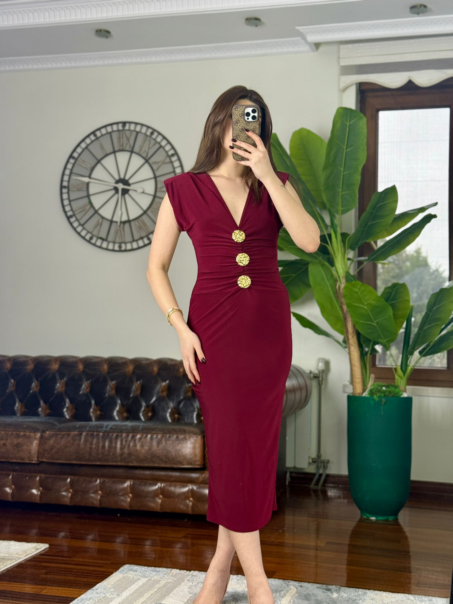 Sandy Kumaş Gold Düğme Detaylı Kalem Elbise Bordo