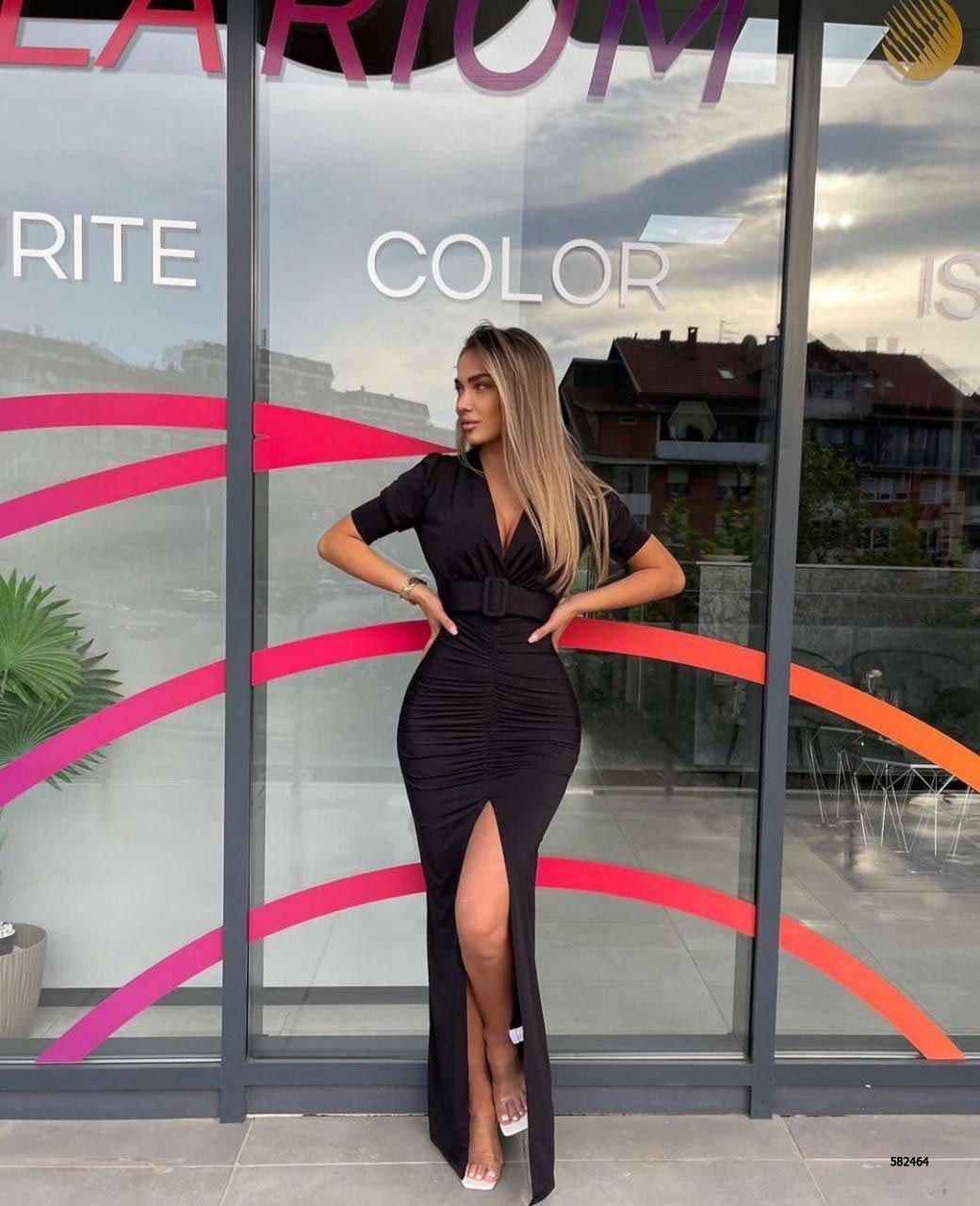 Sandy Kumaş Kaplama Kemerli Drapeli Uzun  Elbise