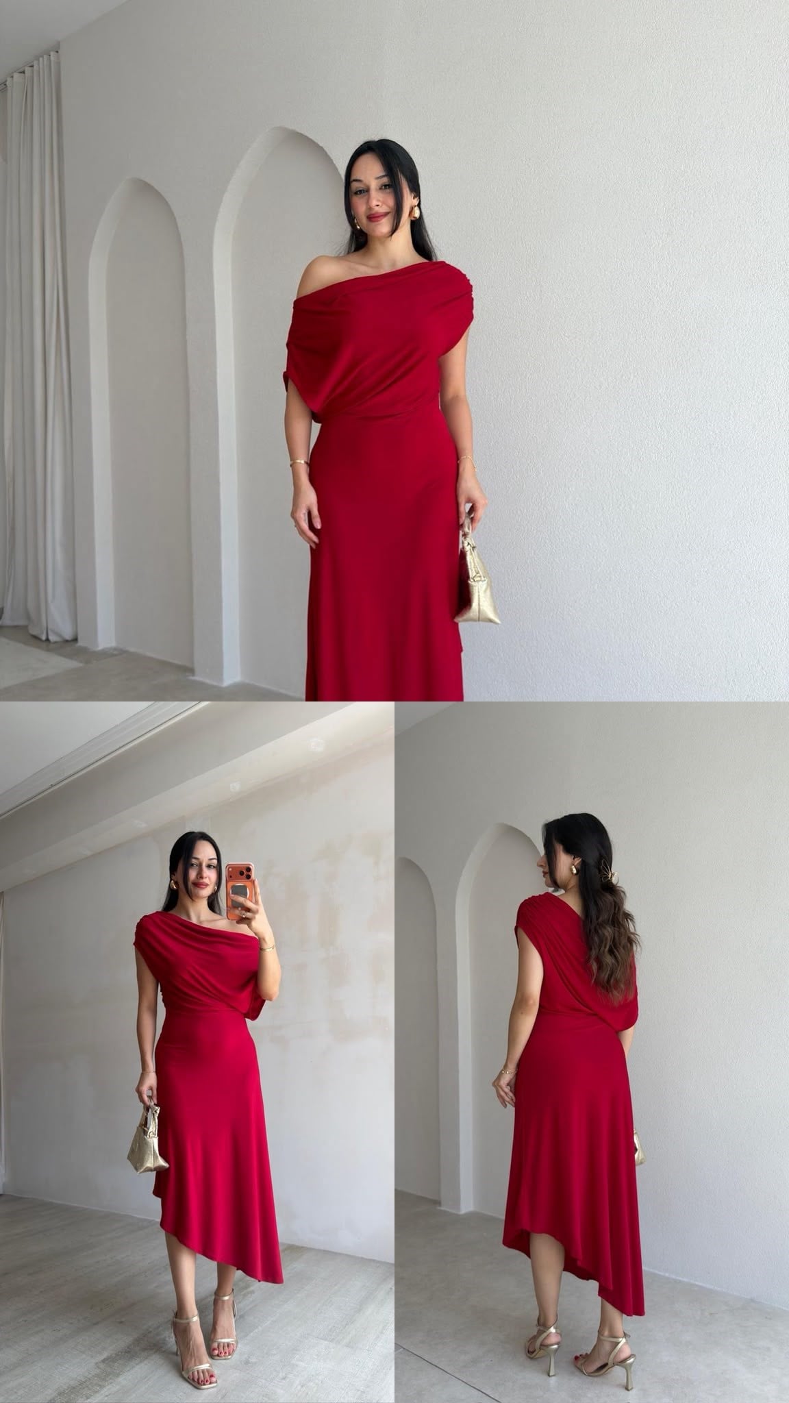 Sandy Kumaş Omuz Detaylı Kırmızı Midi Boy Elbise