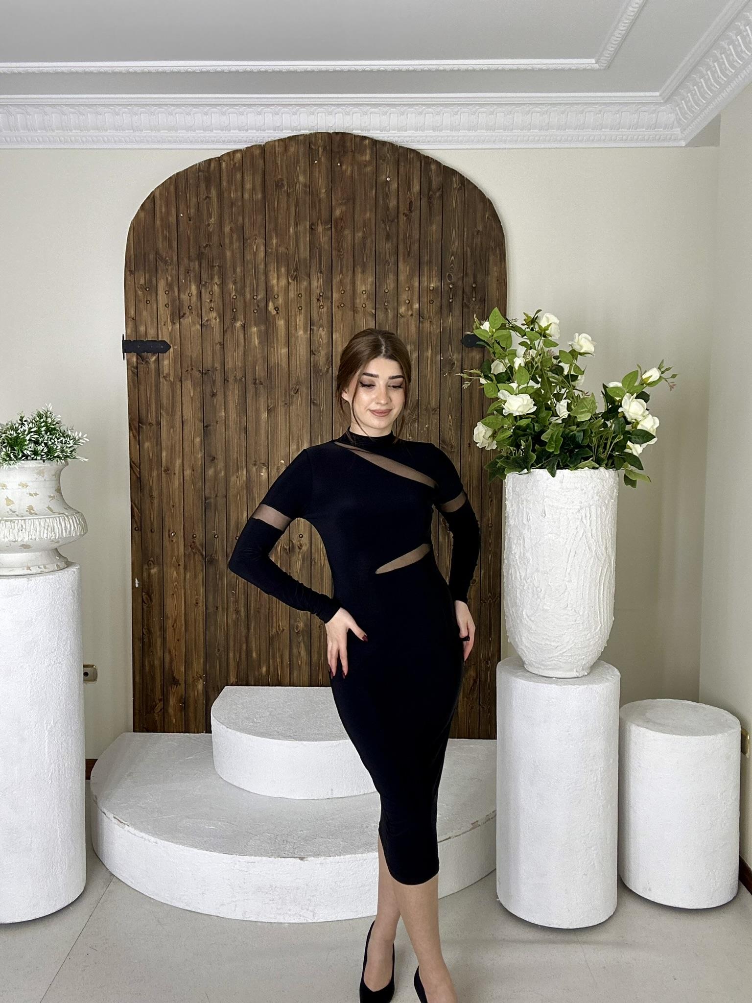 Sandy Kumaş Transparan Tül Detaylı Tasarım Kalem Elbise