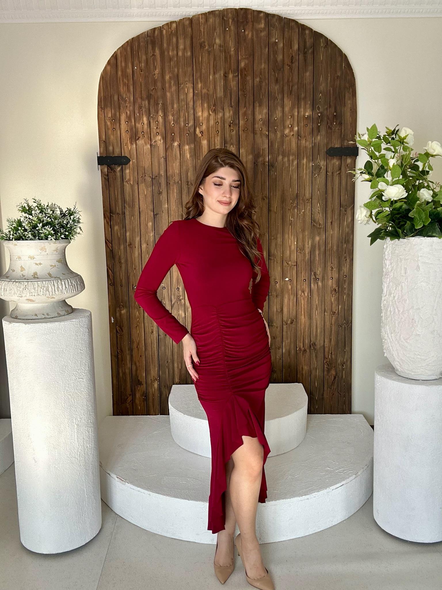 Sandy Kumaş Volan Detay Drapeli Bordo Uzun Elbise