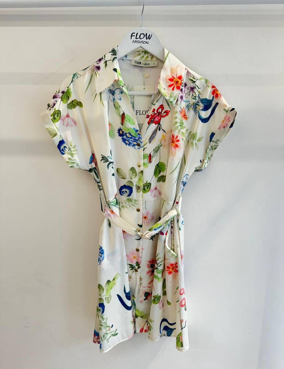 Saten Kumaş Çiçek Desen Kloş Gömlek Elbise