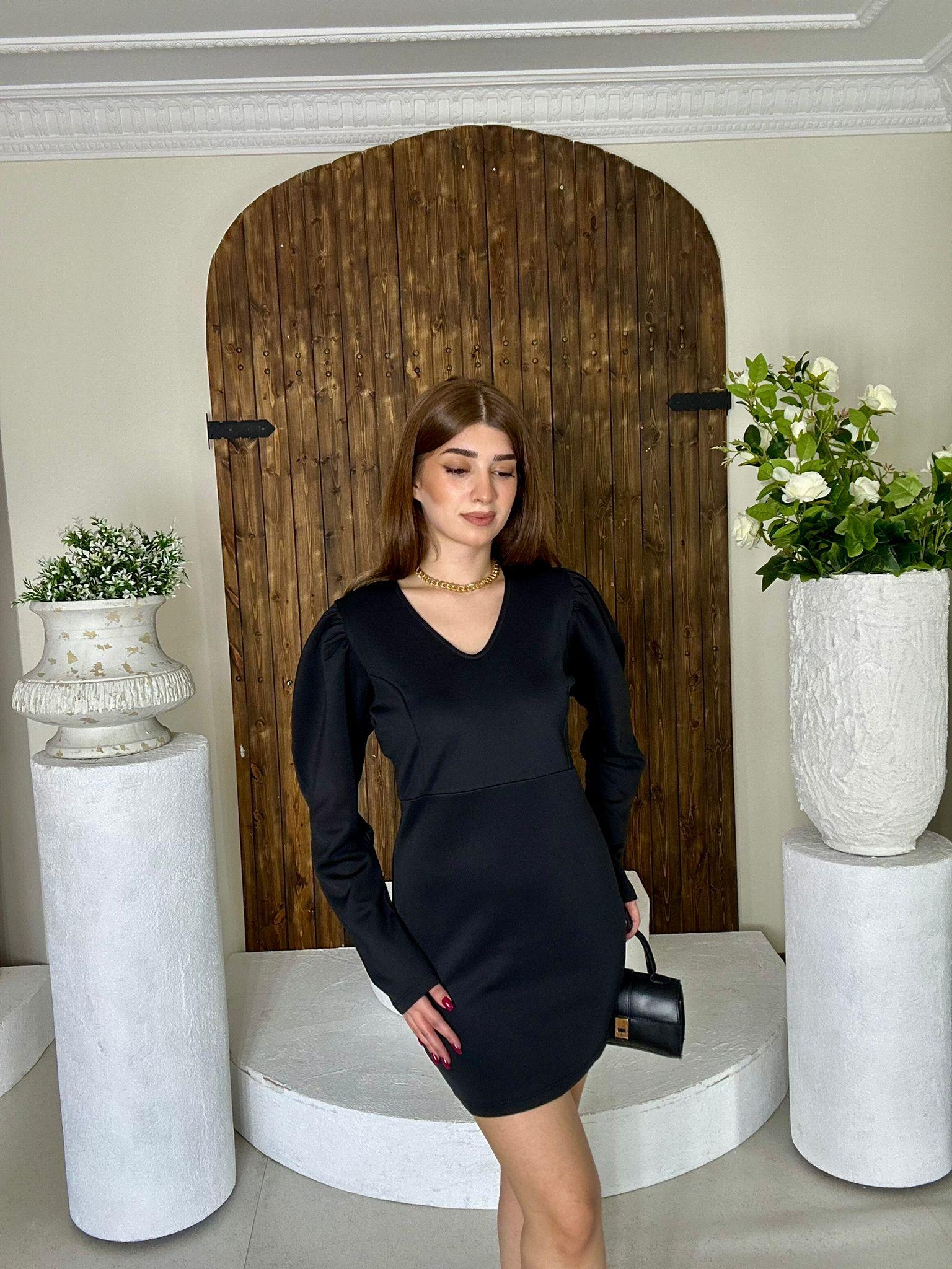 Scuba Kumaş Balon Kol Siyah Mini Elbise 