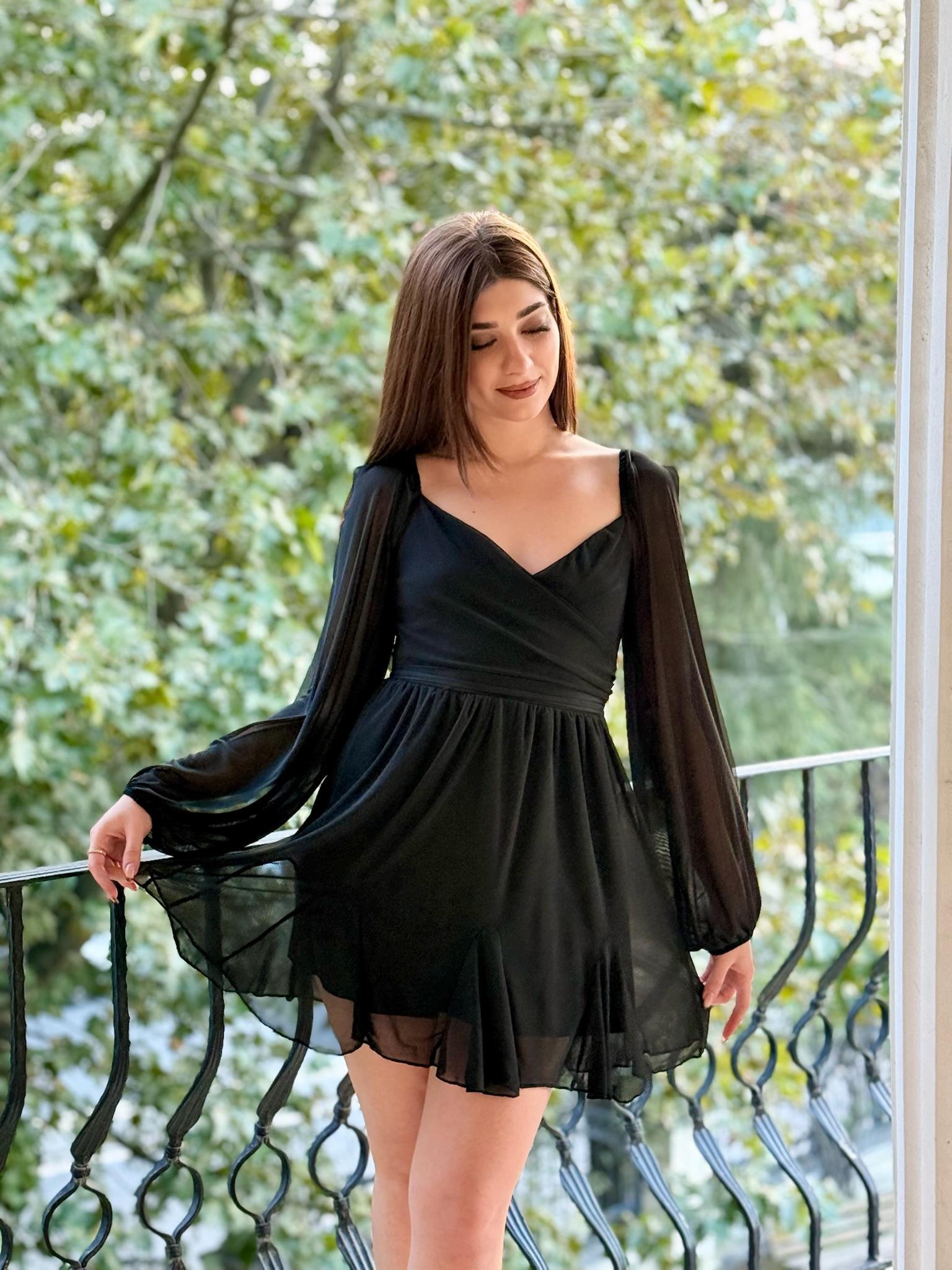 Şifon Kol Detaylı Micro Kumaş Tasarım Mini Elbise Siyah