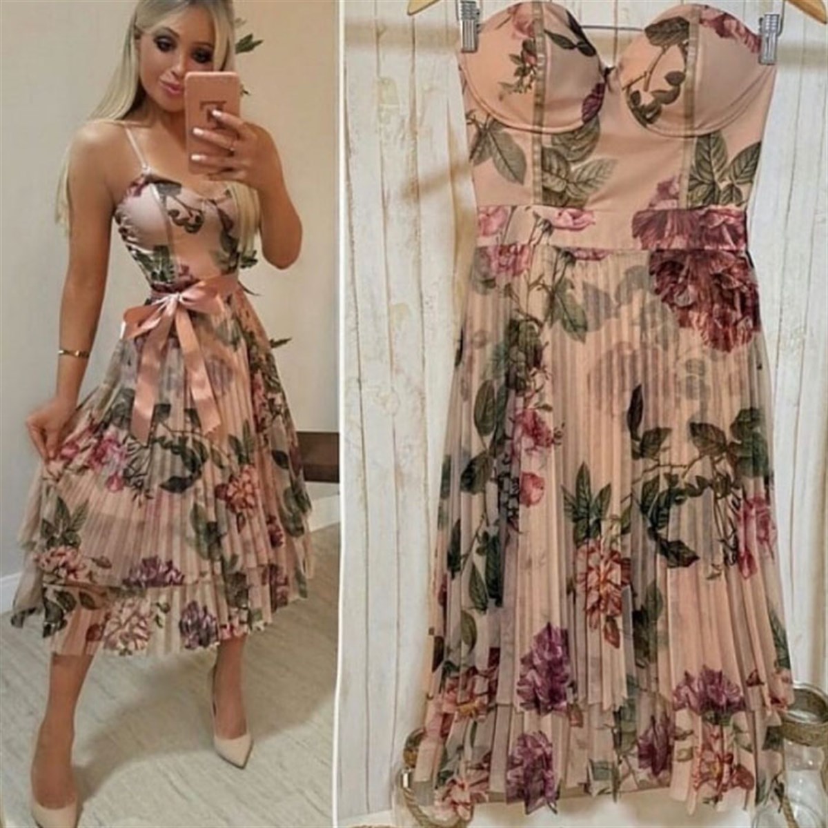 ŞİFON KUMAŞ PİLİSELİ GLOPLU ELBİSE