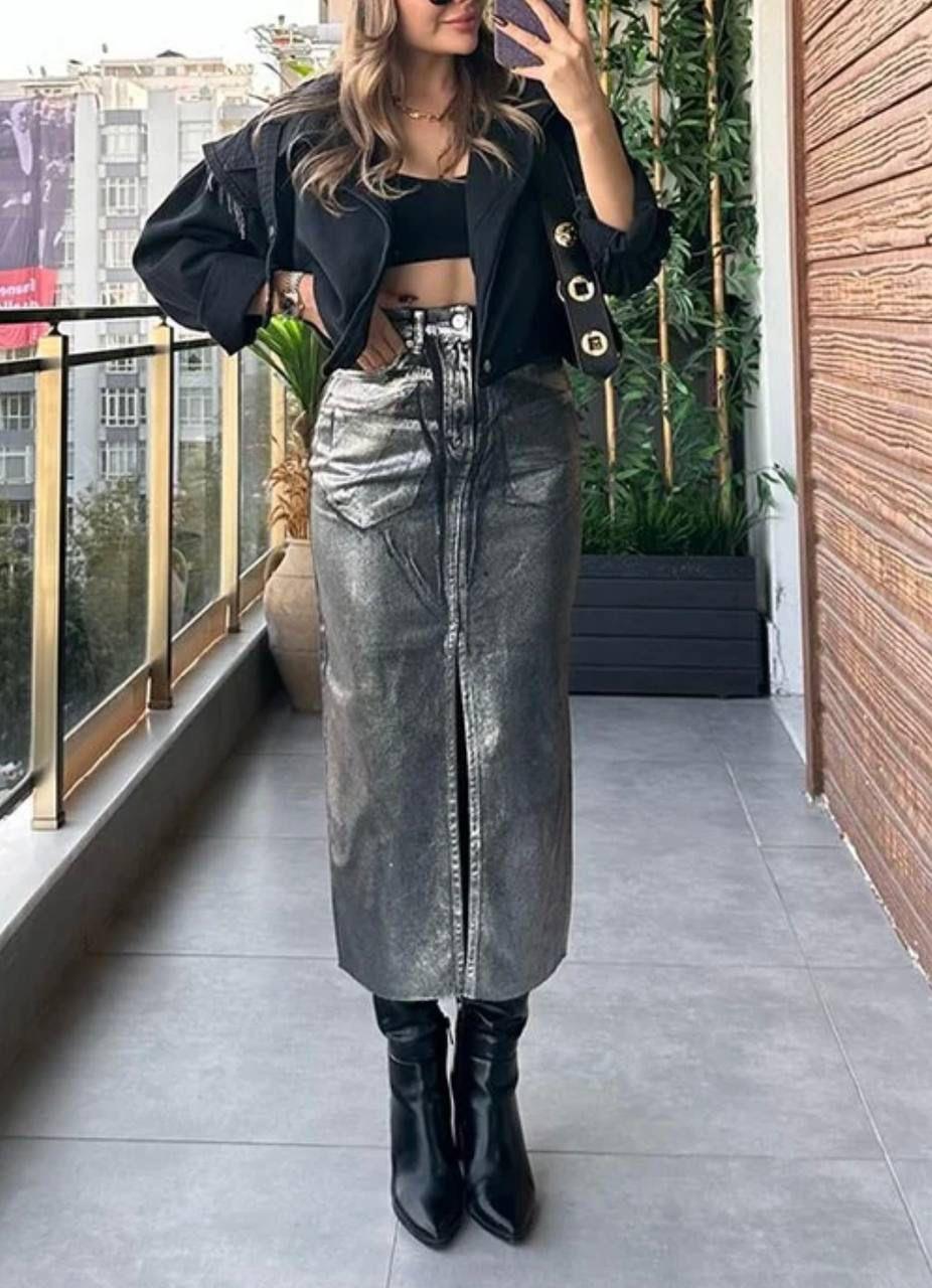 Sim Yıkamalı ayırtmak Detaylı Uzun Jean Etek 