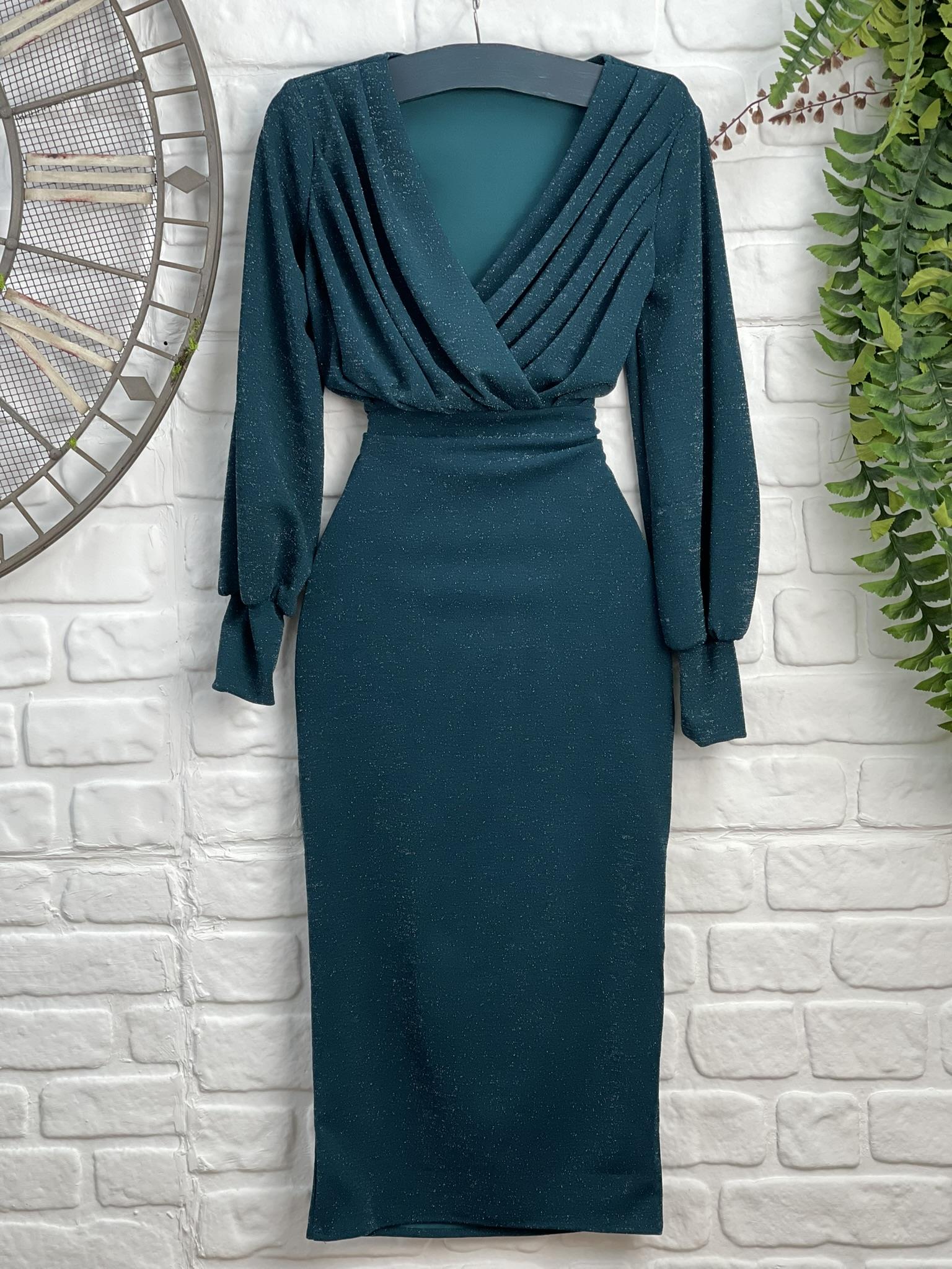 Simli Likralı Crep kumaş Kruvaze yaka Uzun Kalem Elbisemiz