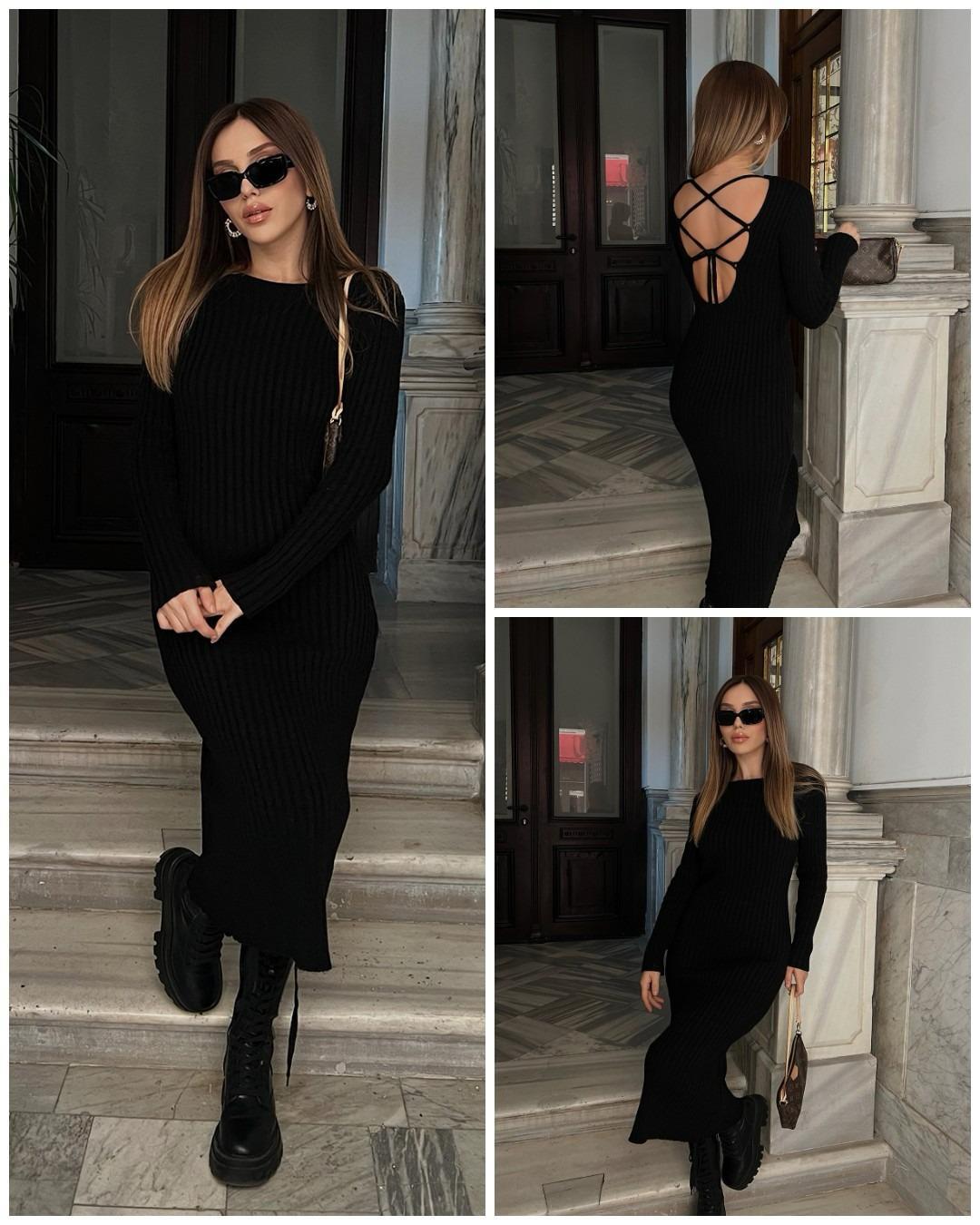 Sırt Dekolteli Maksi Boy Siyah Triko Elbise