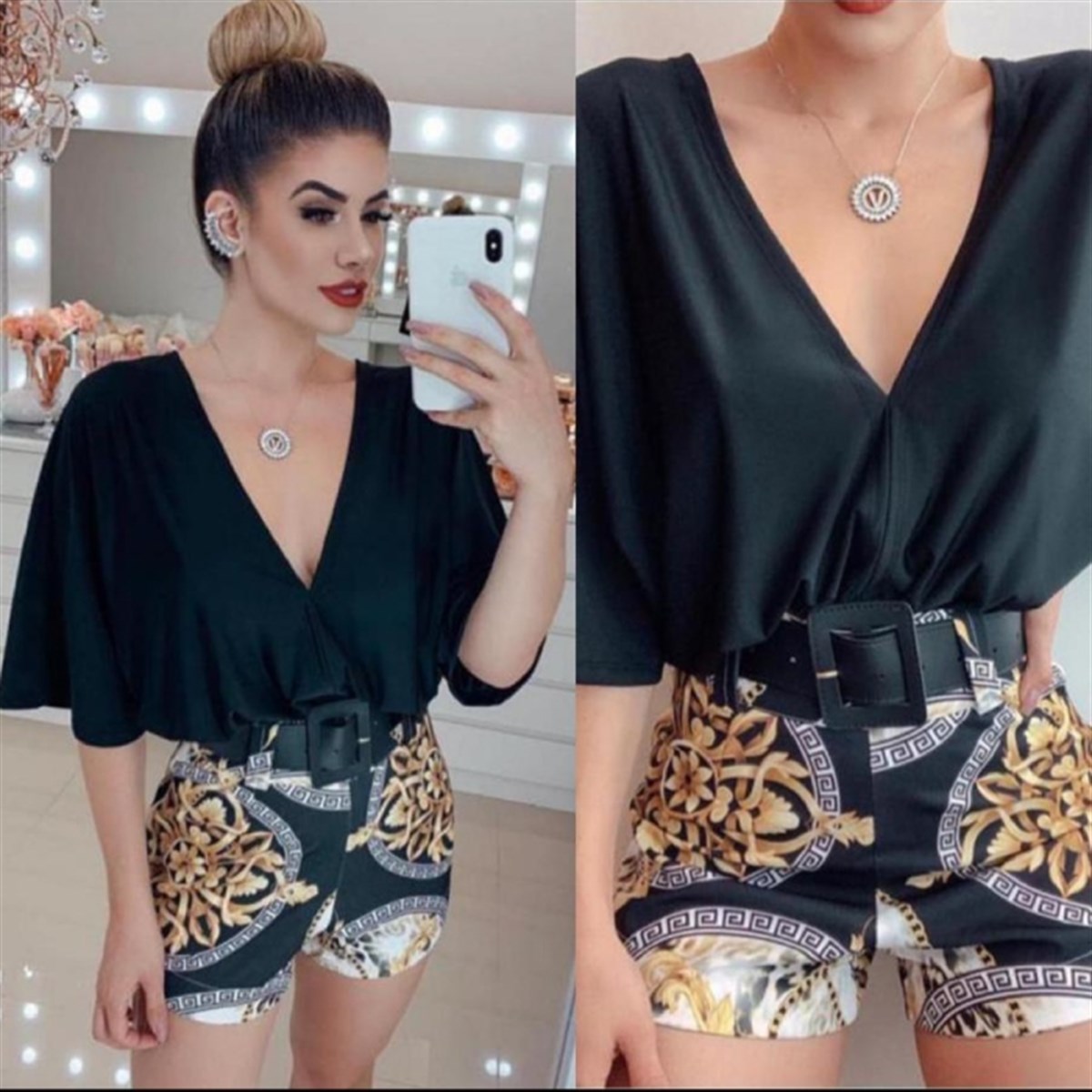 SİYAH CREP KUMAŞ BLUZ ATLAS KUMAŞ ŞORT İKİLİ TAKIM