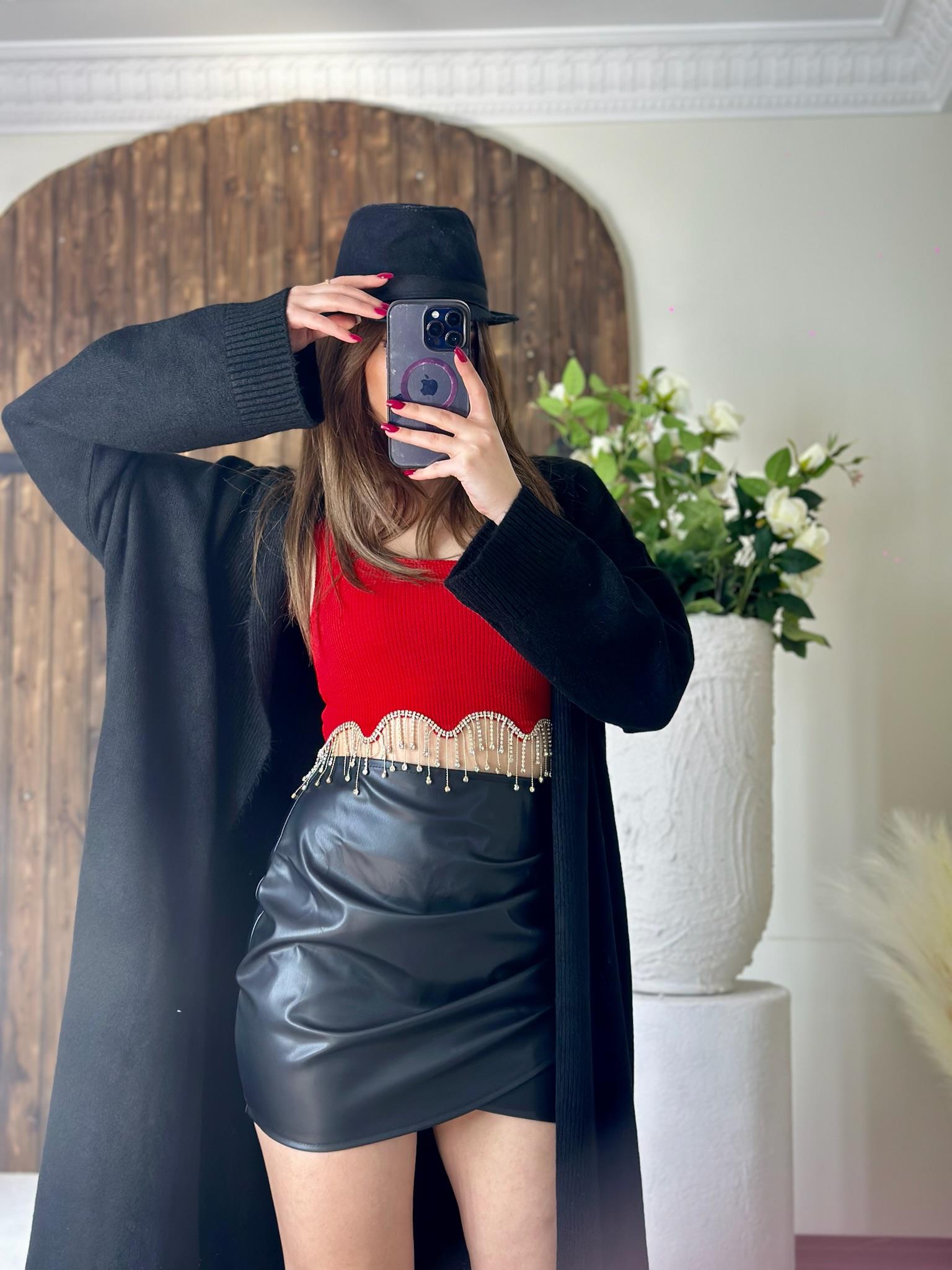 Siyah Vegan Deri Drapeli Kruvaze Etek 