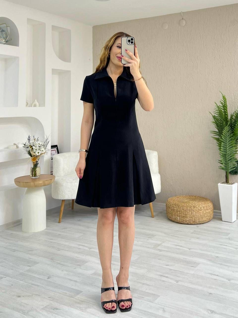 Tensel Kumaş Pileli Fermuar Detaylı Elbise Siyah