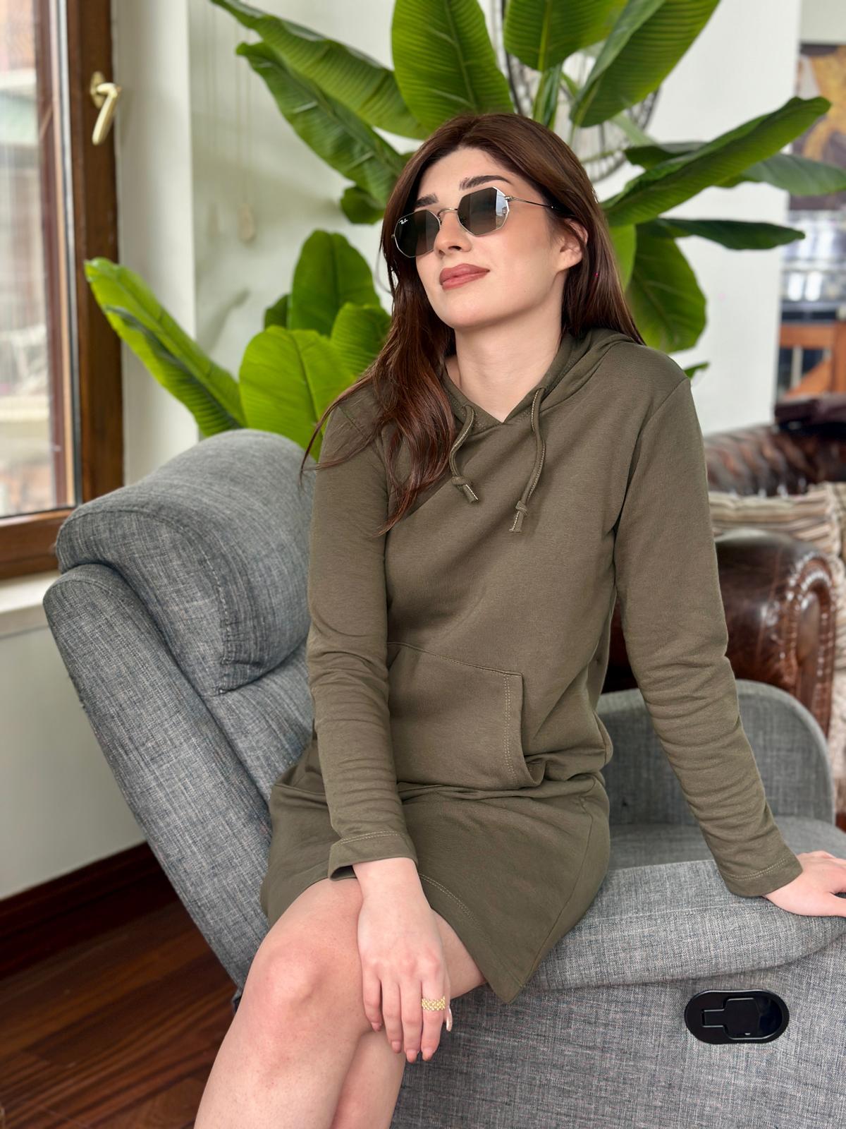 Üç İplik Oversize Kalıp Sweat Elbise Haki