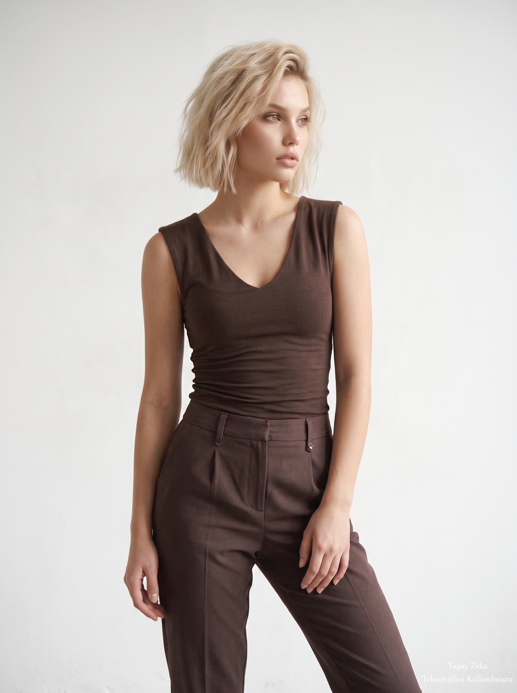 V Yaka Drape Detaylı Bluz Kahverengi