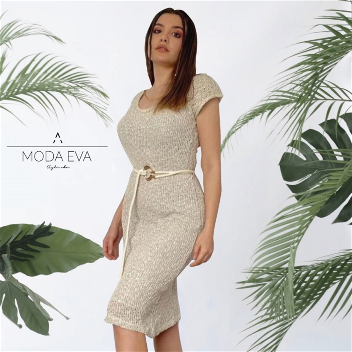 V YAKA MERSERİZE ASTARLI KEMERLİ ELBİSE