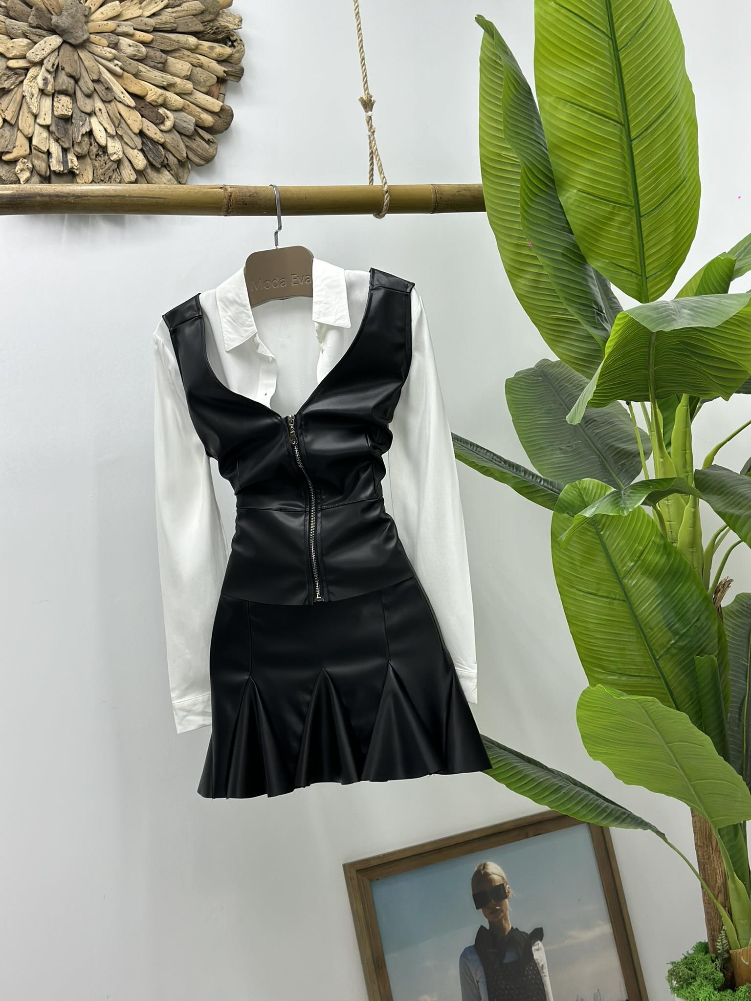 Vegan Deri Kumaş Fermuar Detay Tasarım Yelek