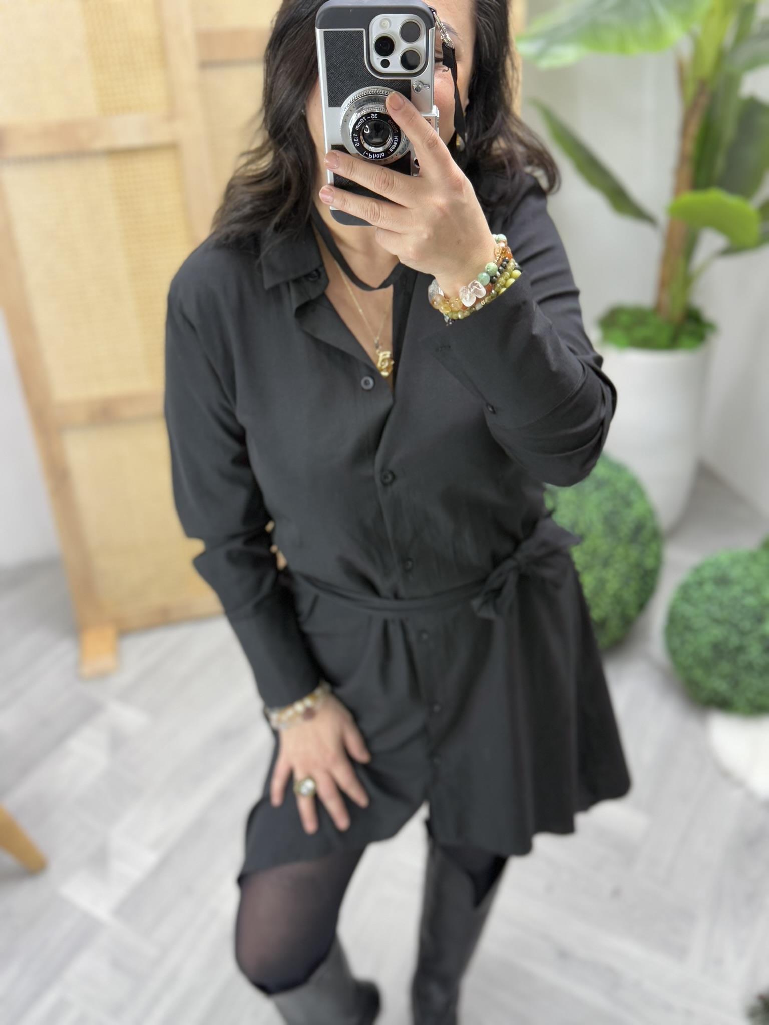 Viskon Dokuma Kumaş Asimetrik Kesim Gömlek Siyah Elbise