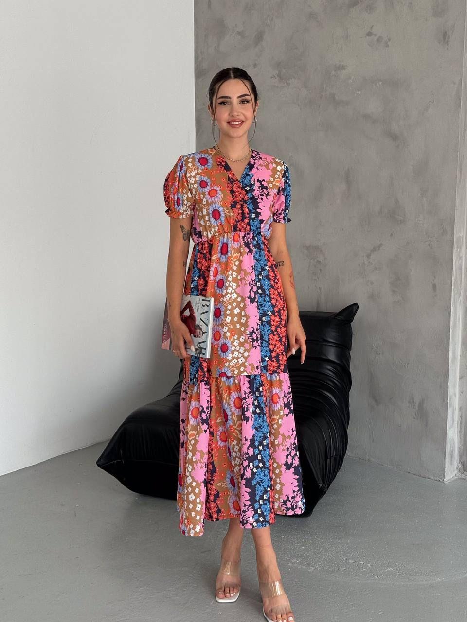 Viskon Kumaş Çiçek Desen Kruvaze Yaka Kollar Büzgülü Uzun Elbise 