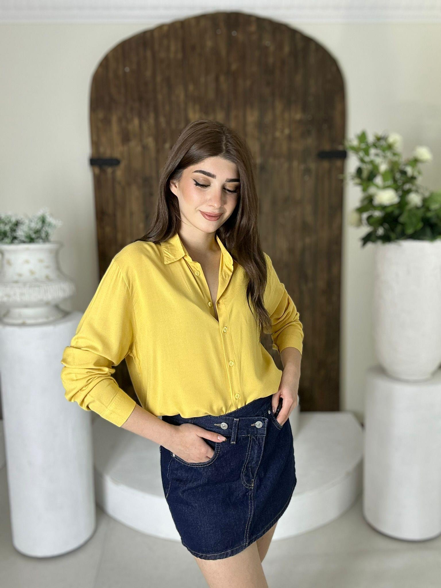 Viskon Kumaş Oversize Basic Gömlek Hardal