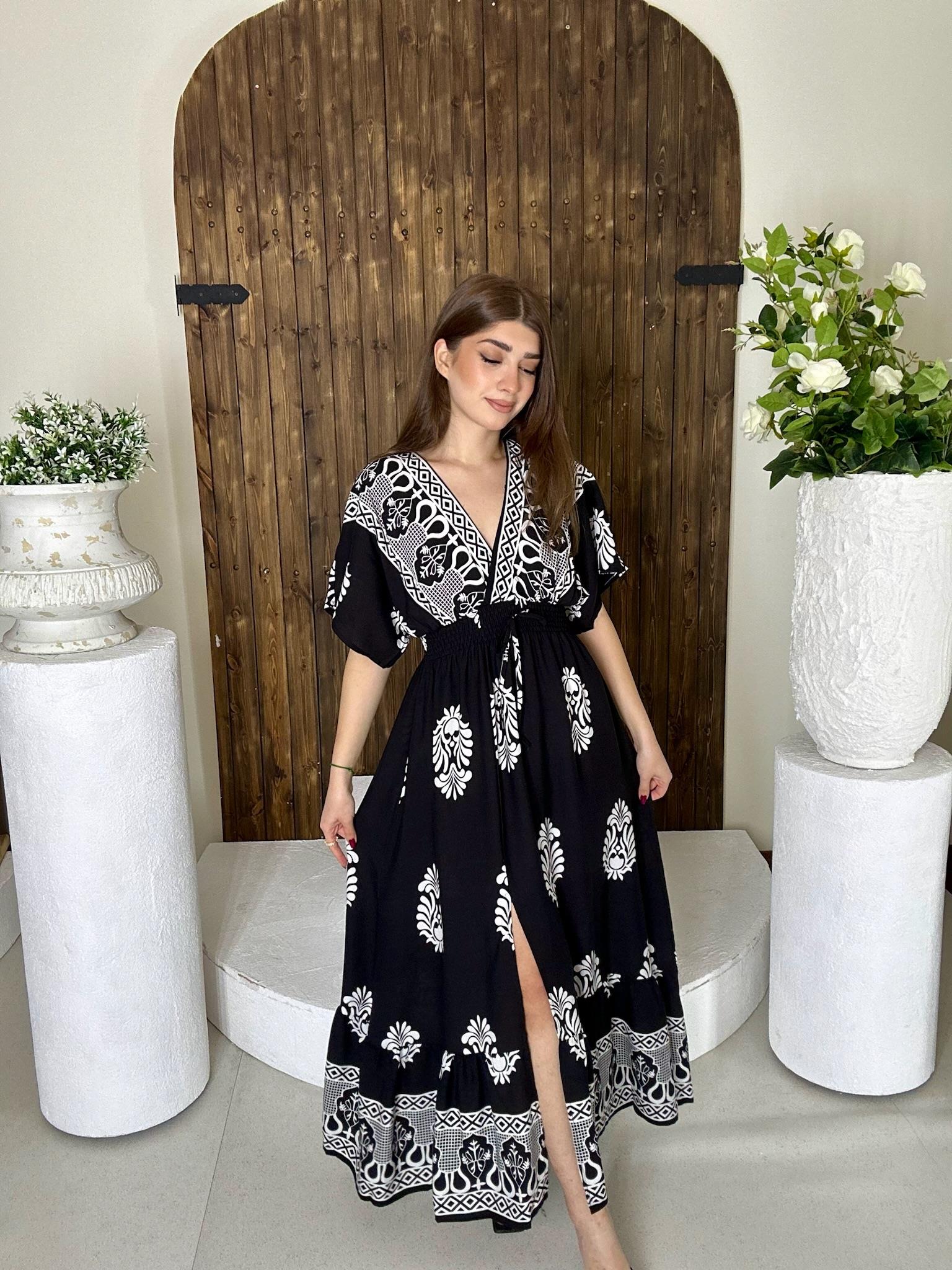 Viskon Kumaş Şal Desen Beli Gipeli Uzun Elbise