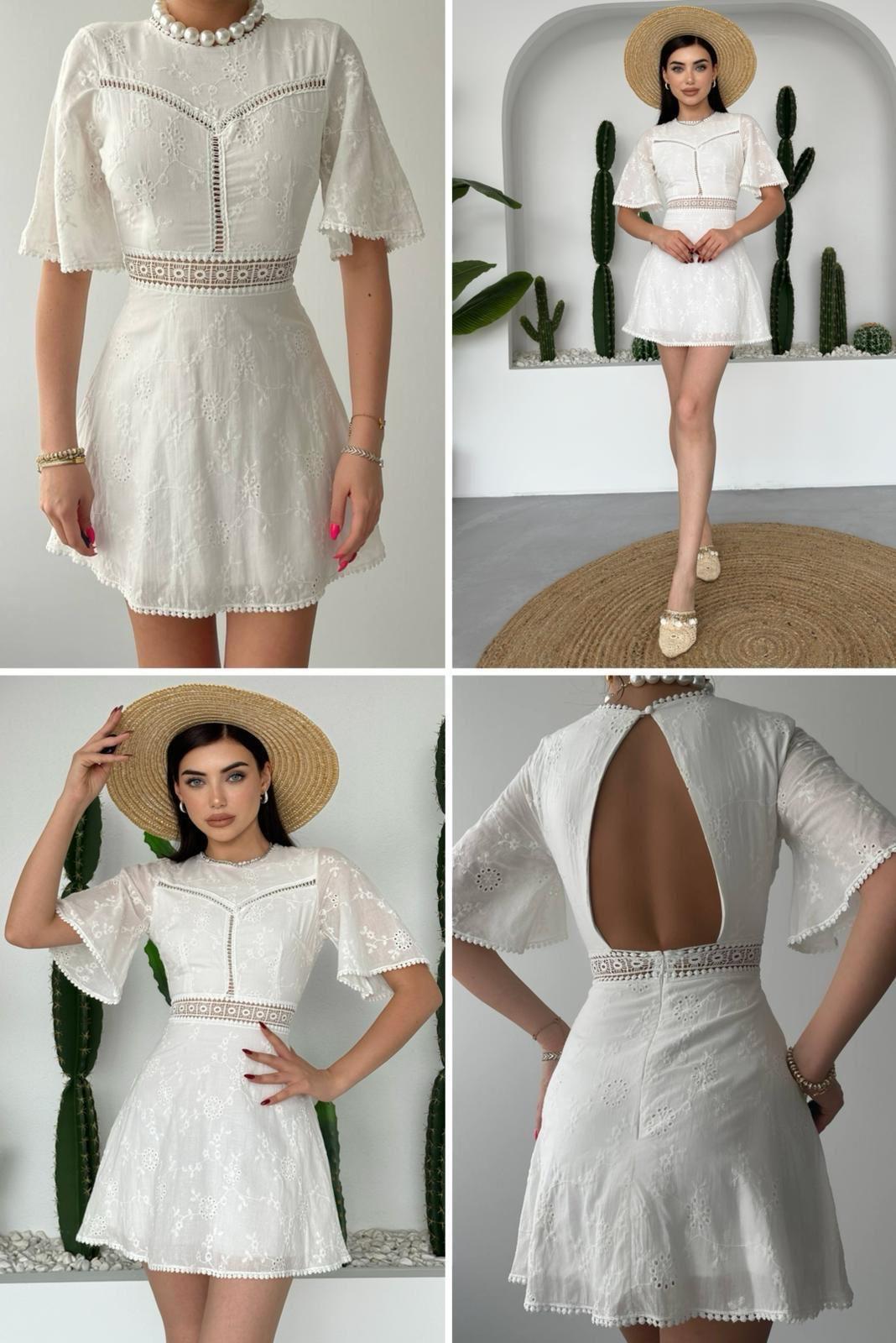 Vual Fisto Kumaş Güpür Detaylı Sırt Dekolteli Tasarım Beyaz Elbise