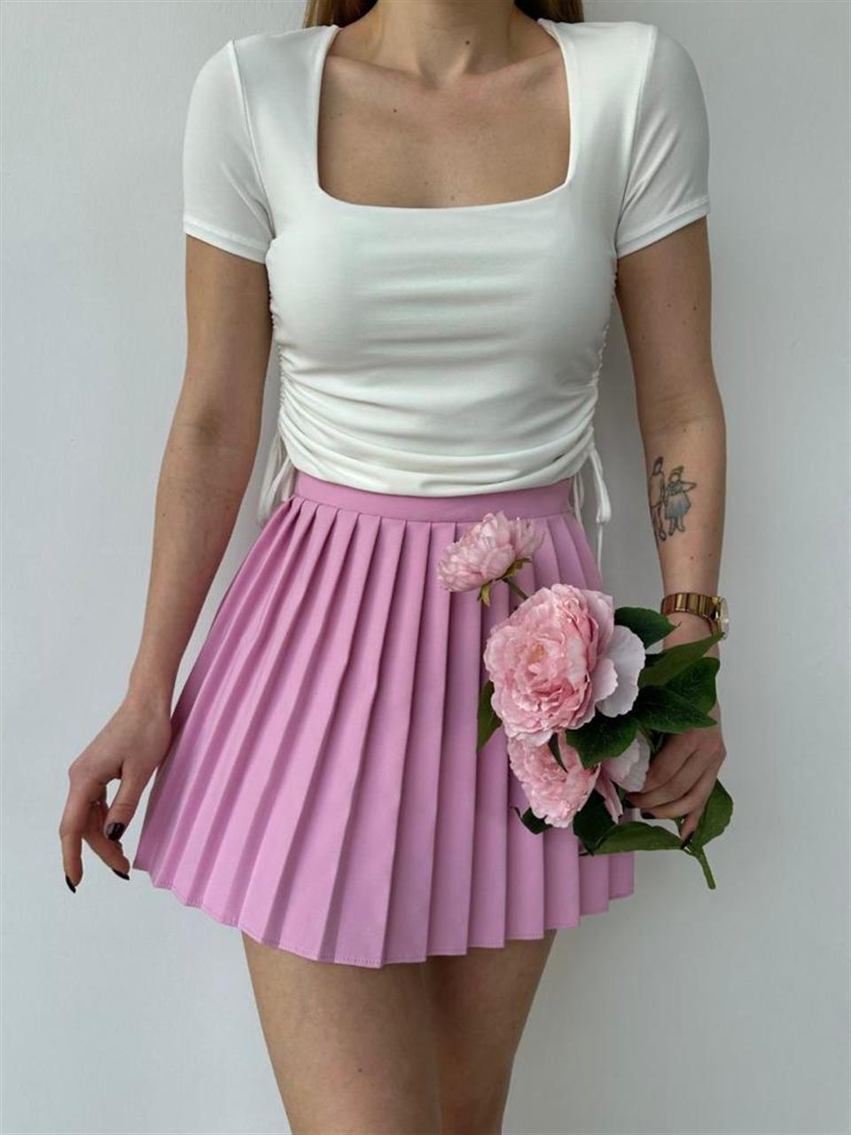 Yan Büzgülü Kare Yaka Sandy Kumaş Bluz