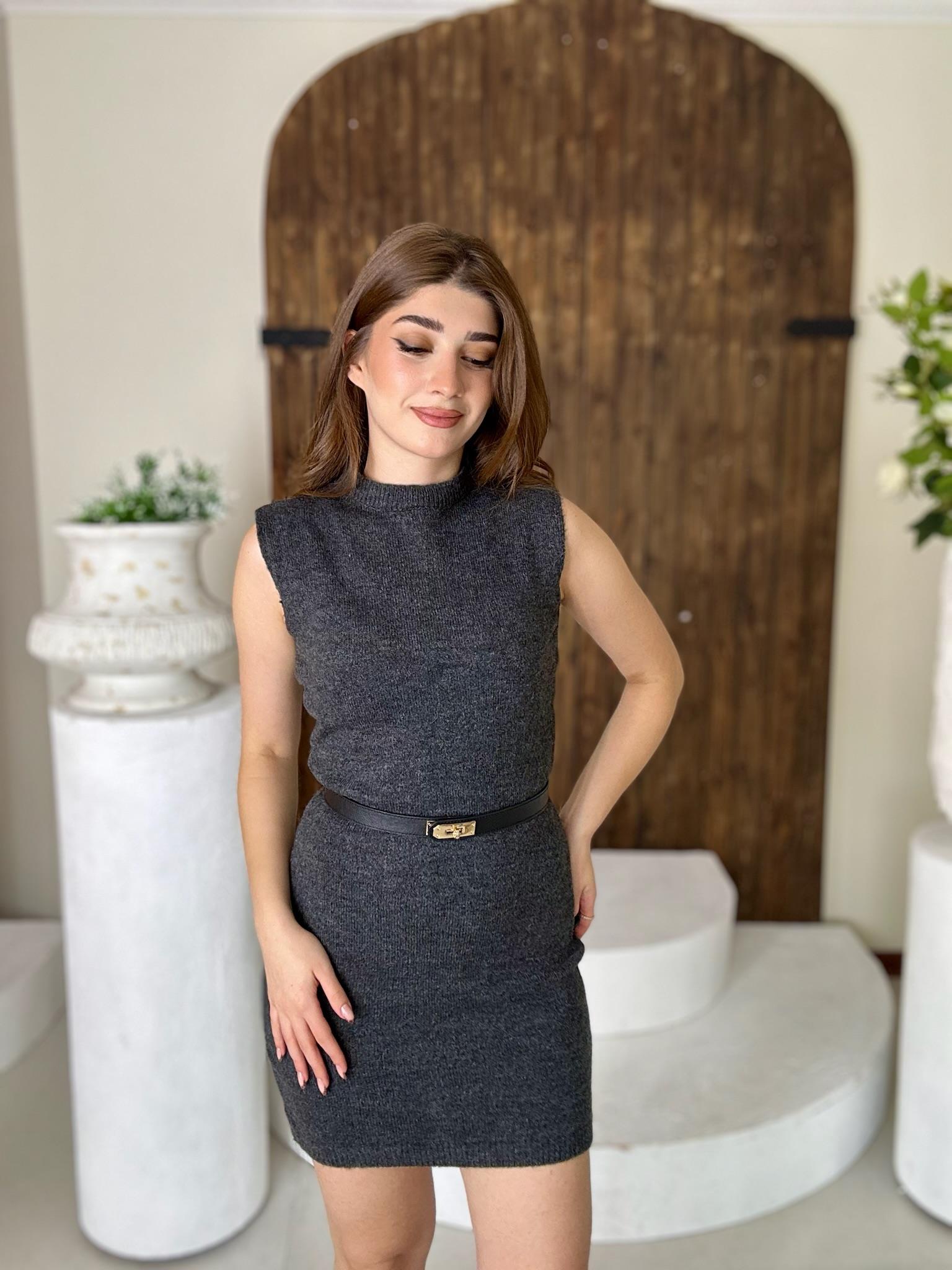 Yarım Balıkçı Yumoş Triko Elbise Kemer Dahil Değildir Antrasit