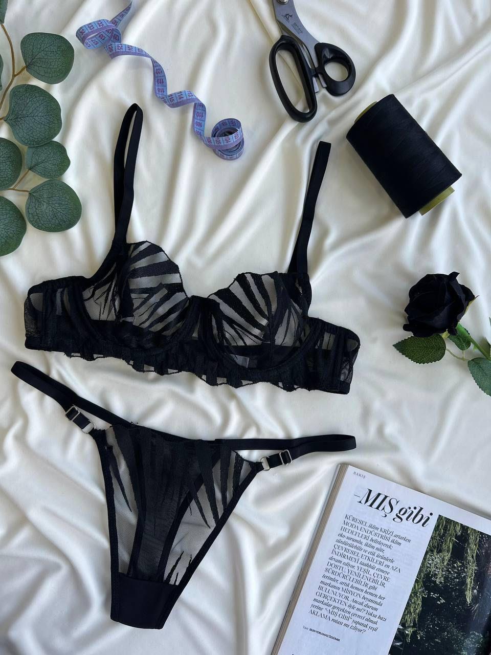 Zebra Desen Nakışlı Balenli Tül Sütyen Takım Siyah