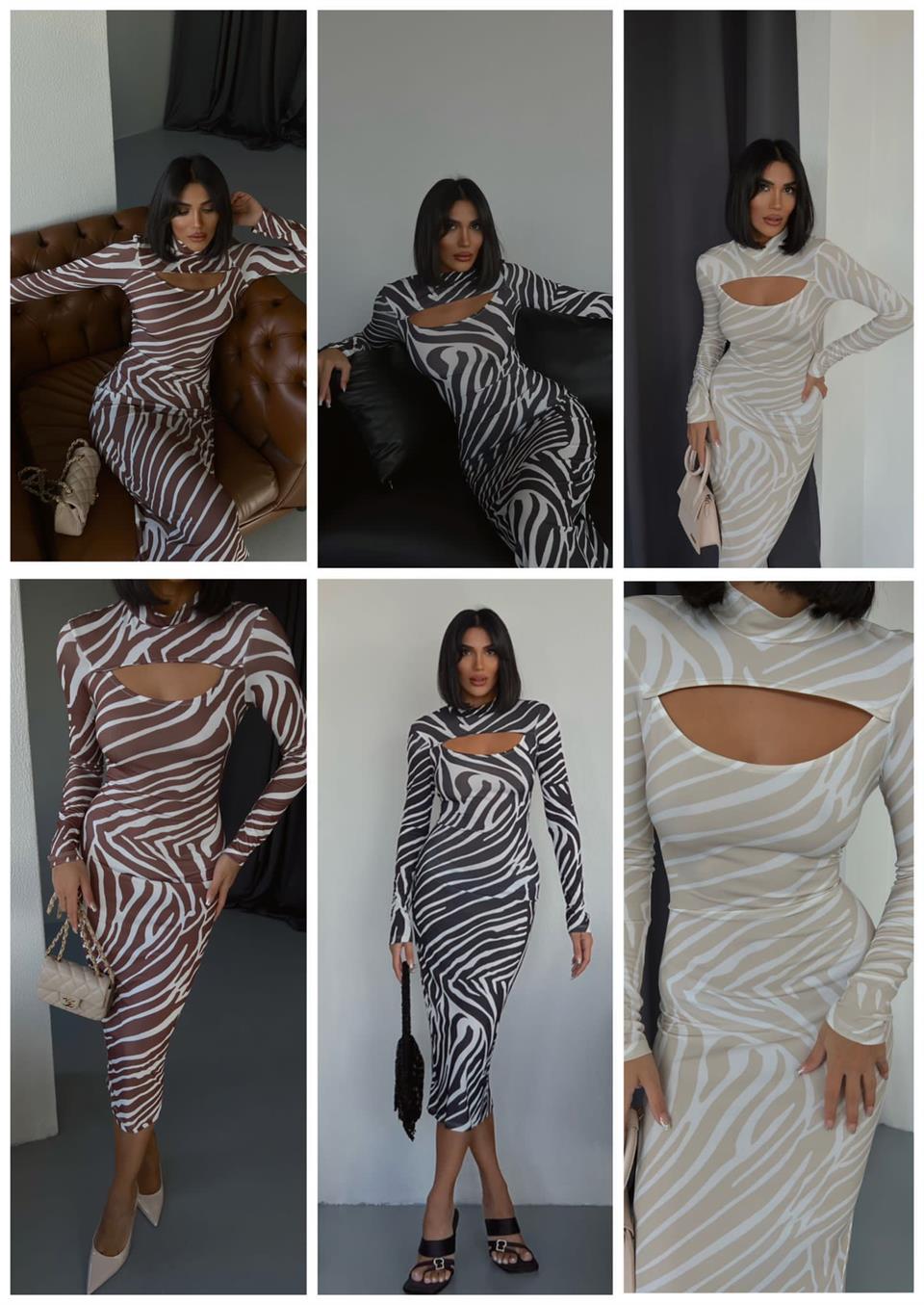 Zebra Desen Pencere Detay Uzun Elbise