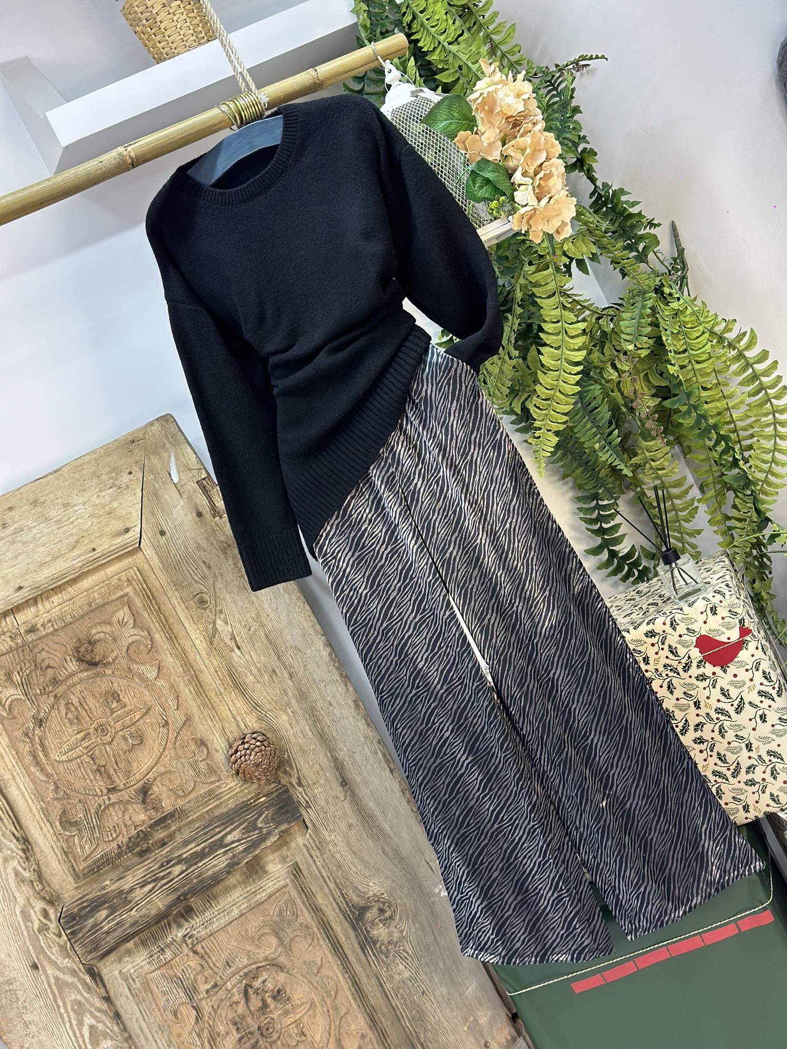 Zebra Desen Saten Kumaş Parlak Beli Lastikli Rahat Pantolon 