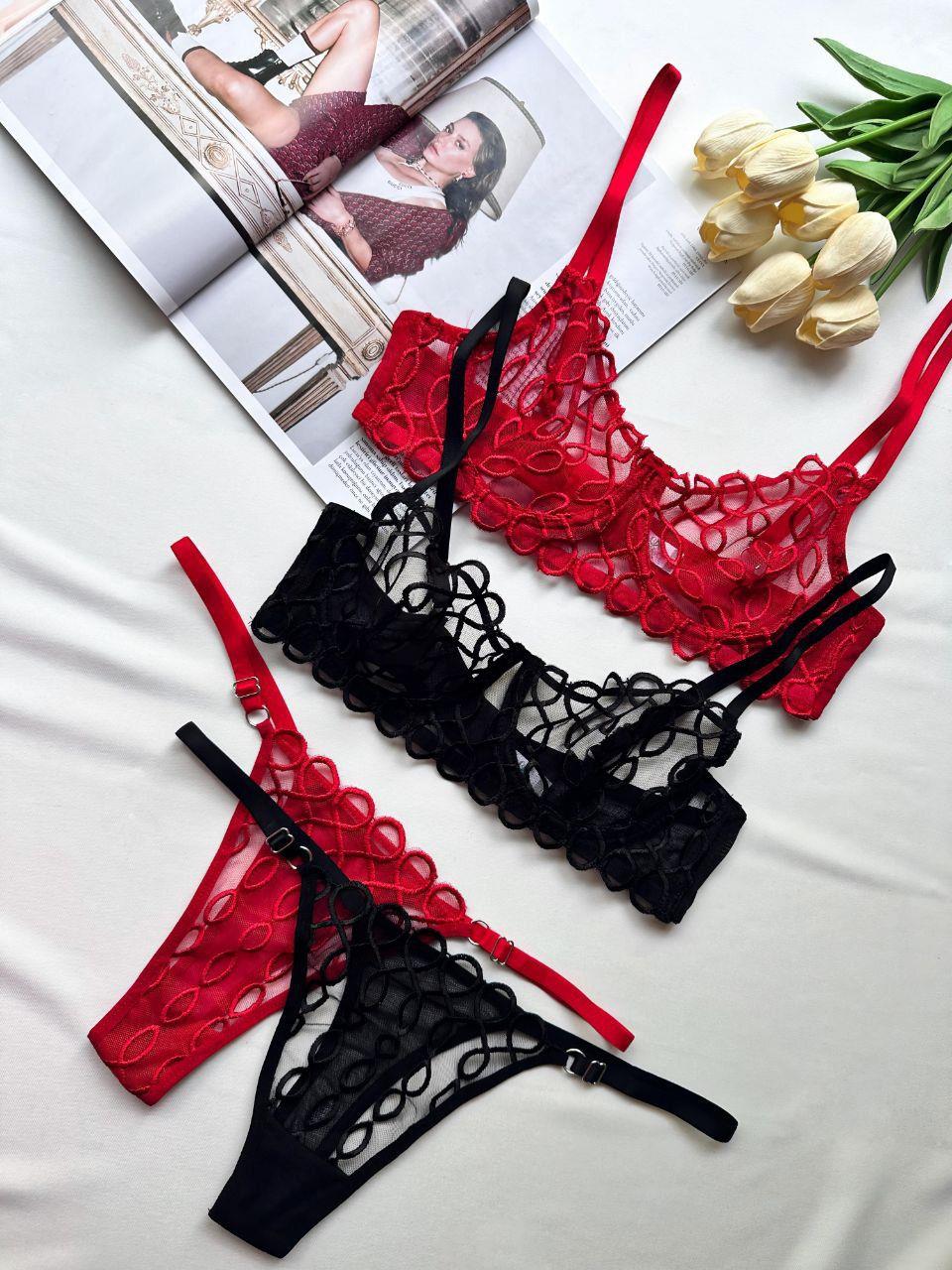 Zincir Nakışlı Balenli Tül Sütyen Takım Kırmızı