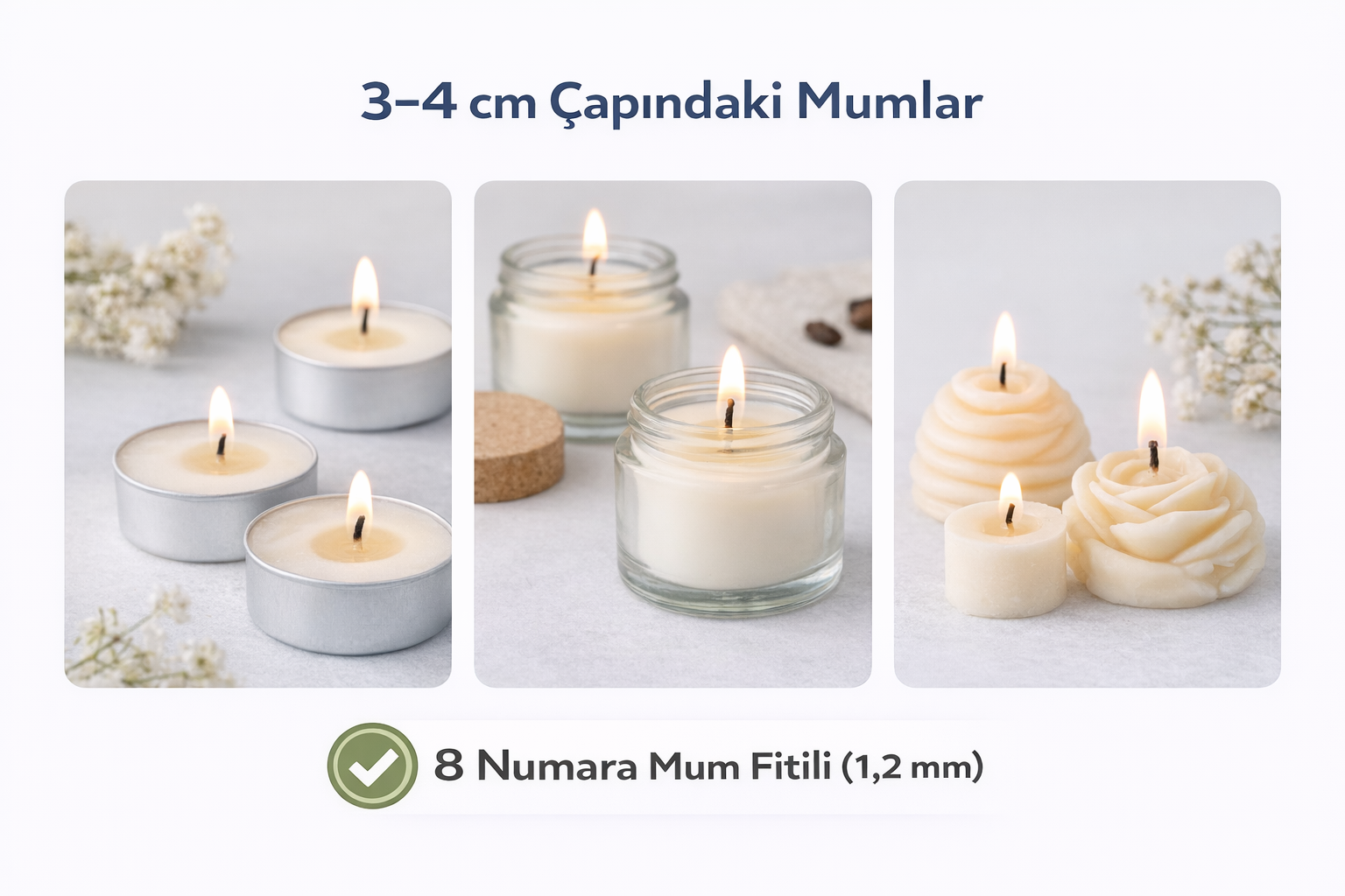 8 Numara Mum Fitili (1.2 mm) – 3–4 cm Mumlar İçin | 100 Adet