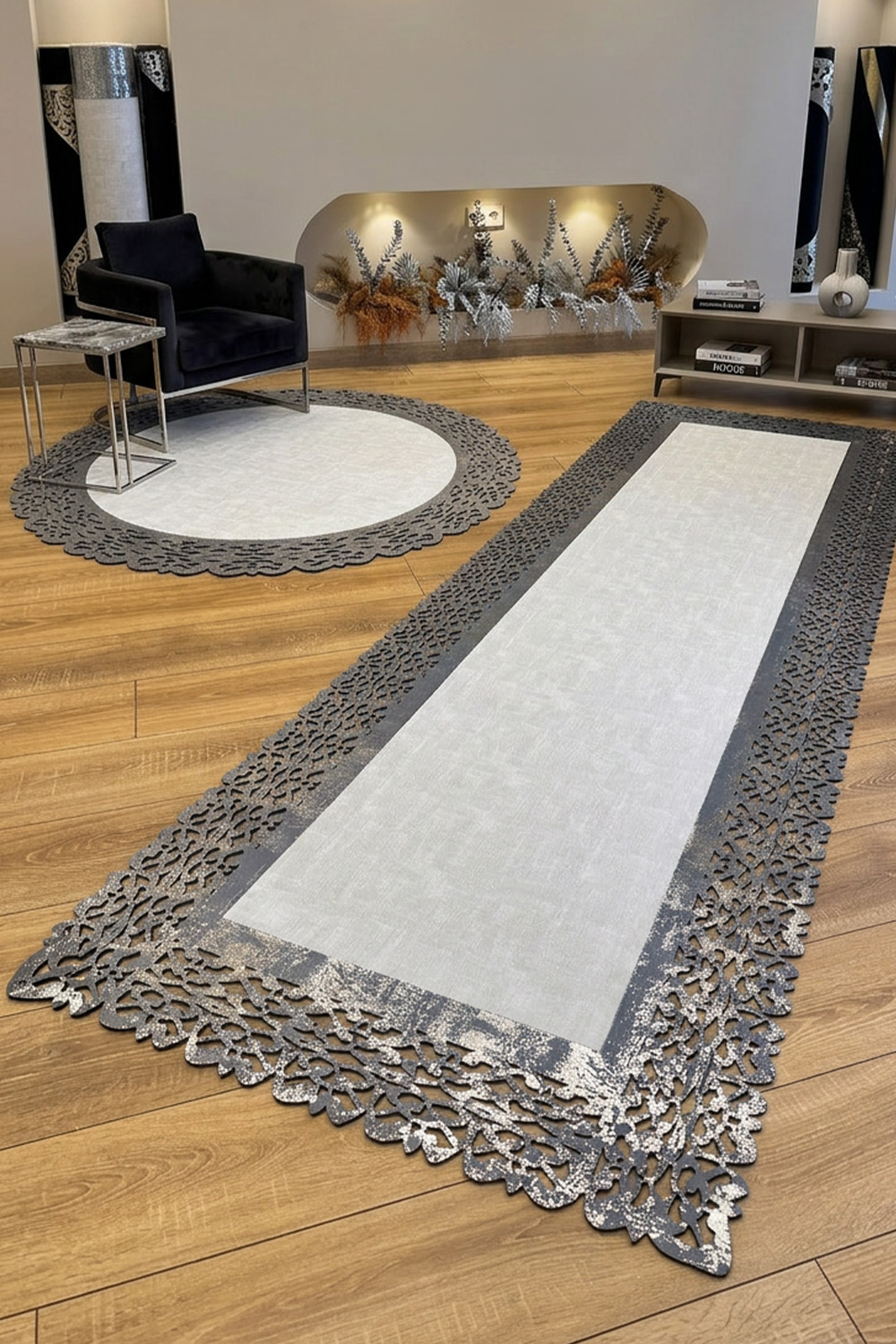 Antrasit Gri Rono Deri Özel Motif Kesim Halı
