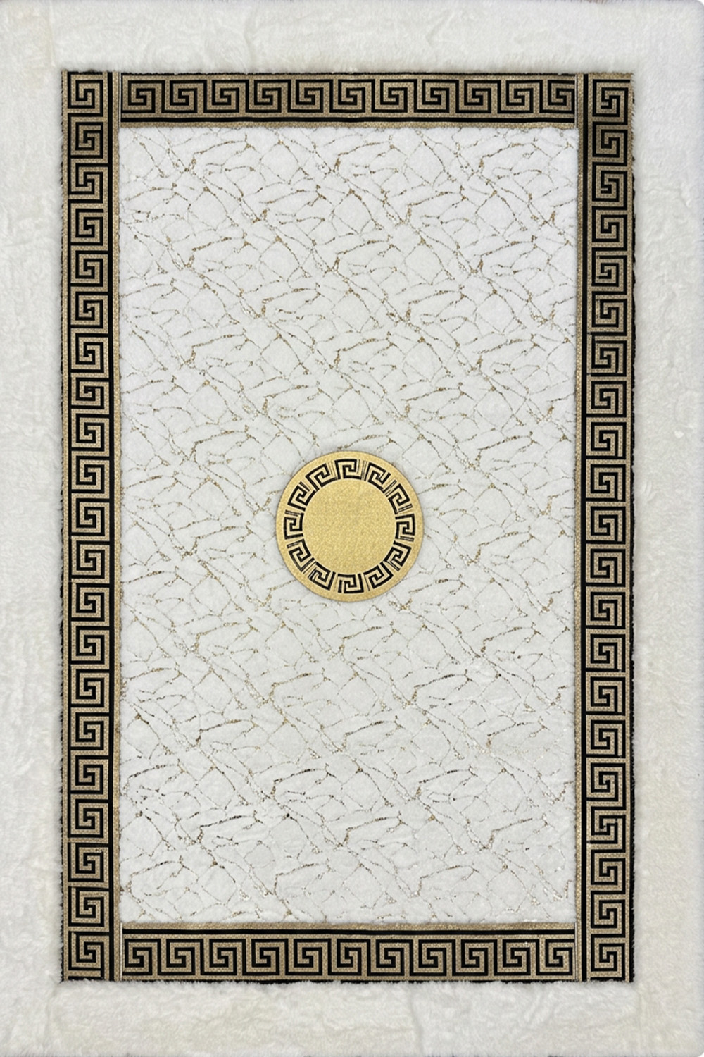 Beyaz Gold Şahmeran Meander Desenli Kadife Yumuşaklığında Tavşan Tüyü Halı