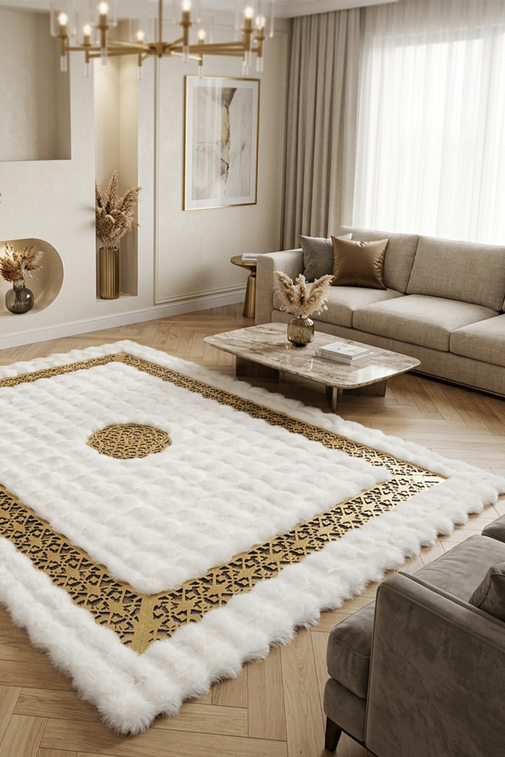 Beyaz Gold Şahmeran Ortası Desenli Kadife Yumuşaklığında Tavşan Tüyü Halı