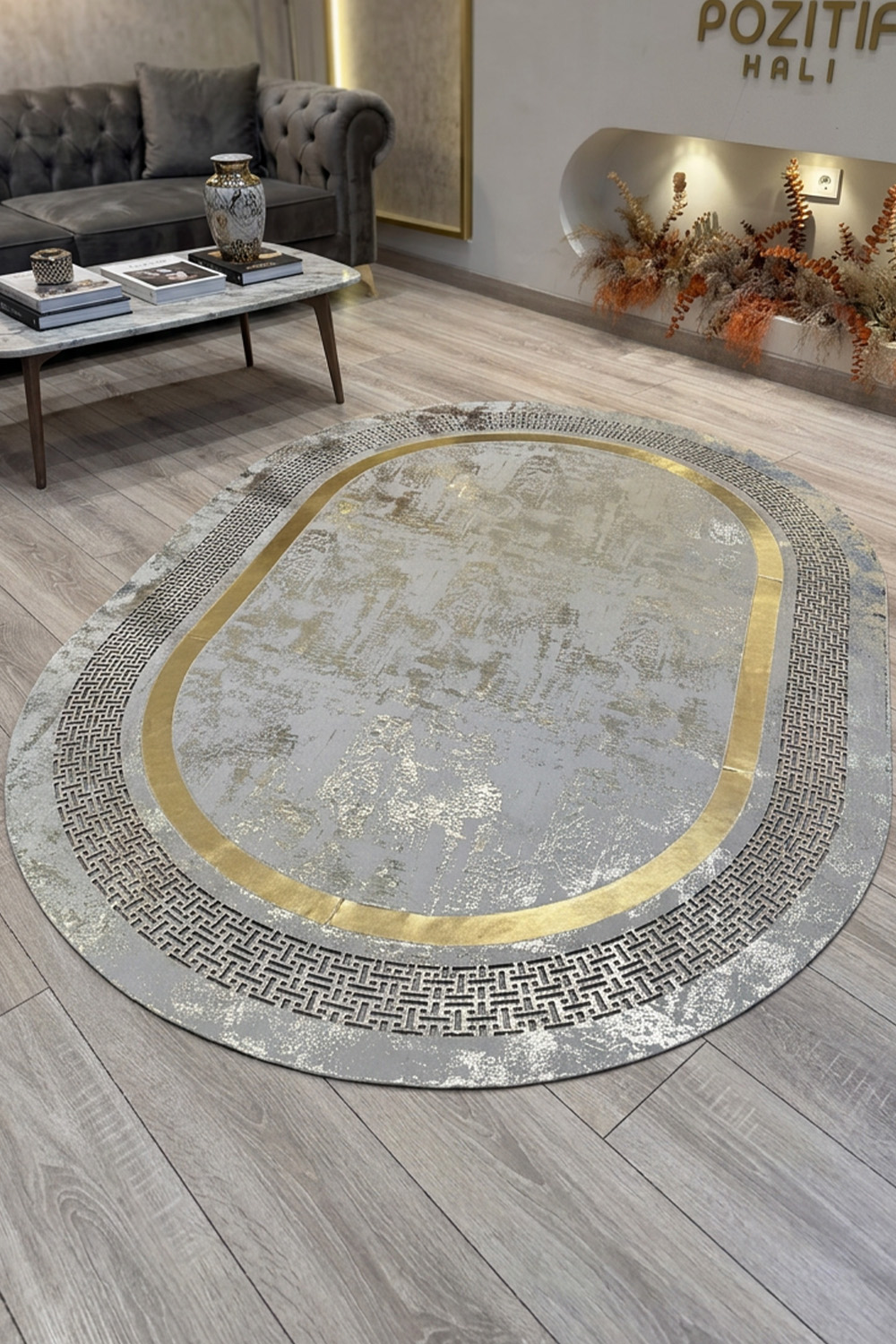Gold Gümüş Diamond Deri Efektli Modern Oval Halı