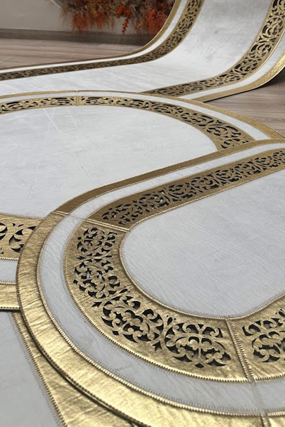 Gold Krem Diamond Deri Efektli Modern Oval Halı