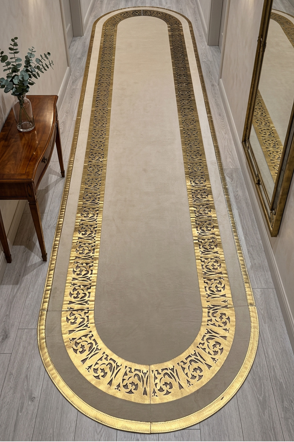 Gold Krem Diamond Deri Efektli Modern Oval Halı
