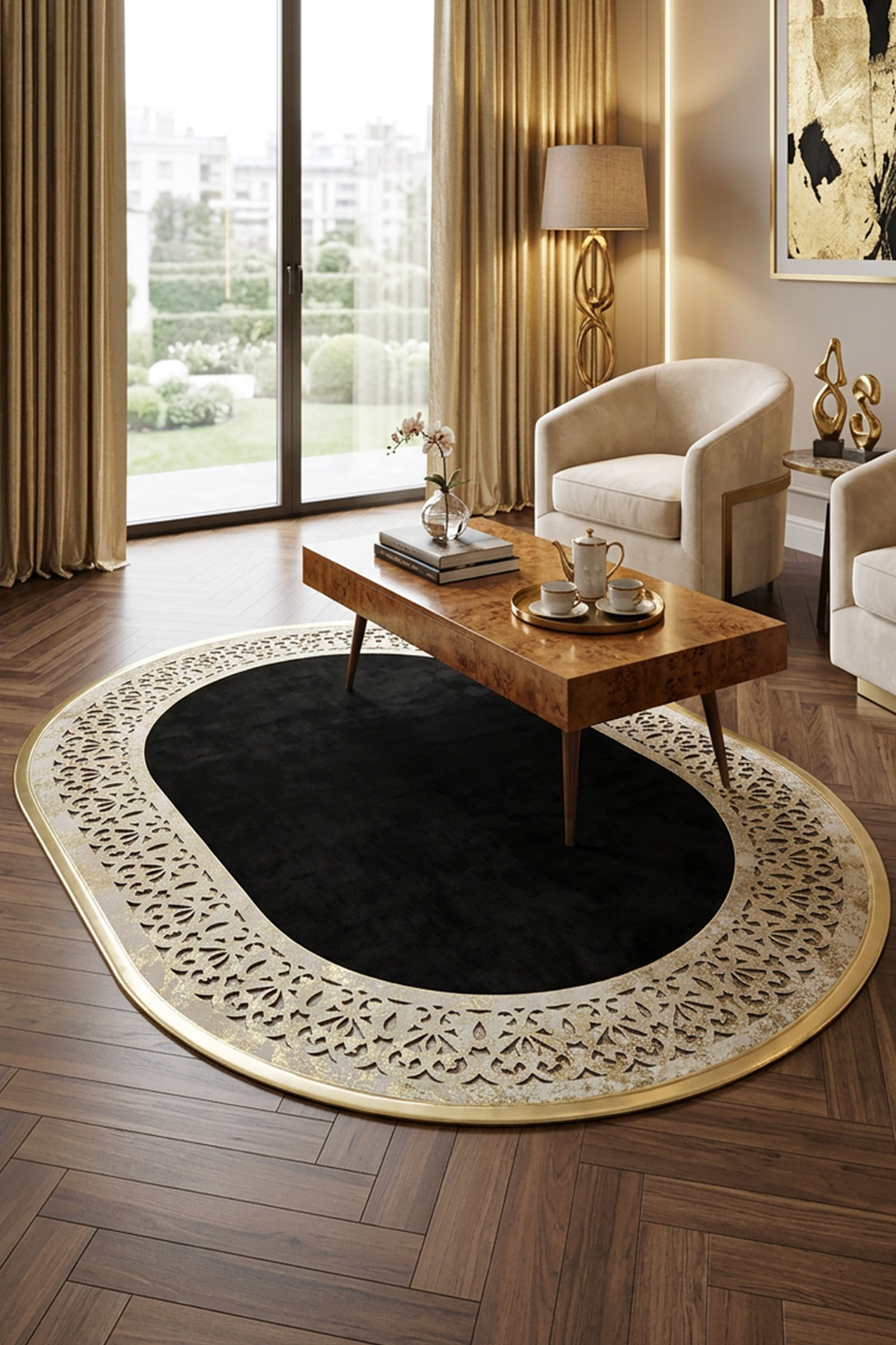 Gold Siyah Diamond Deri Efektli Modern Oval Halı