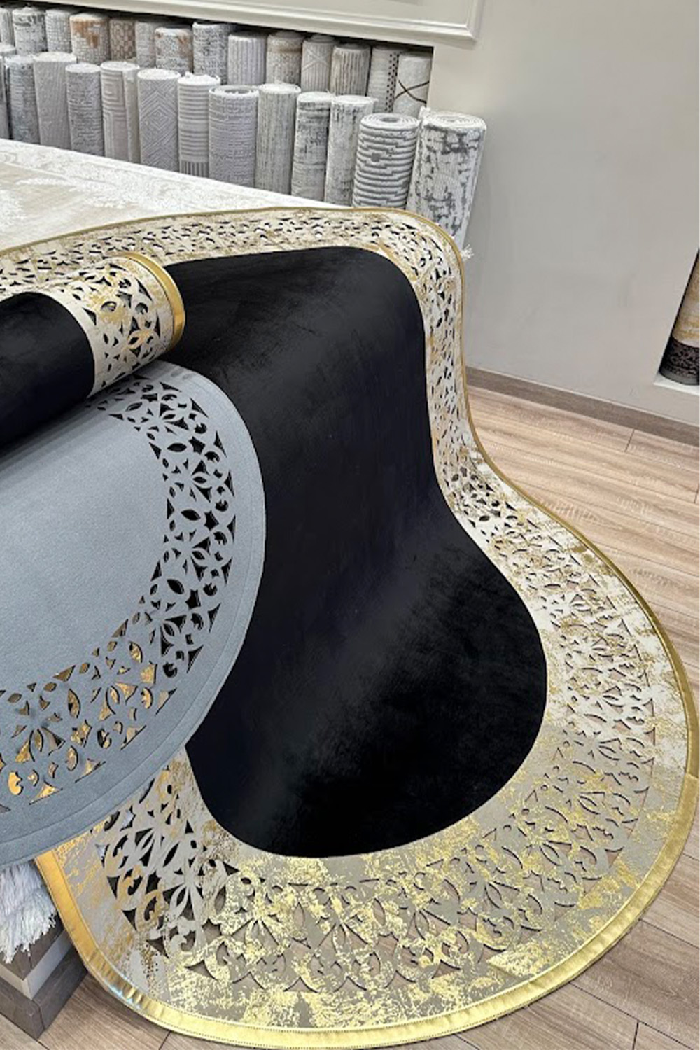 Gold Siyah Diamond Deri Efektli Modern Oval Halı