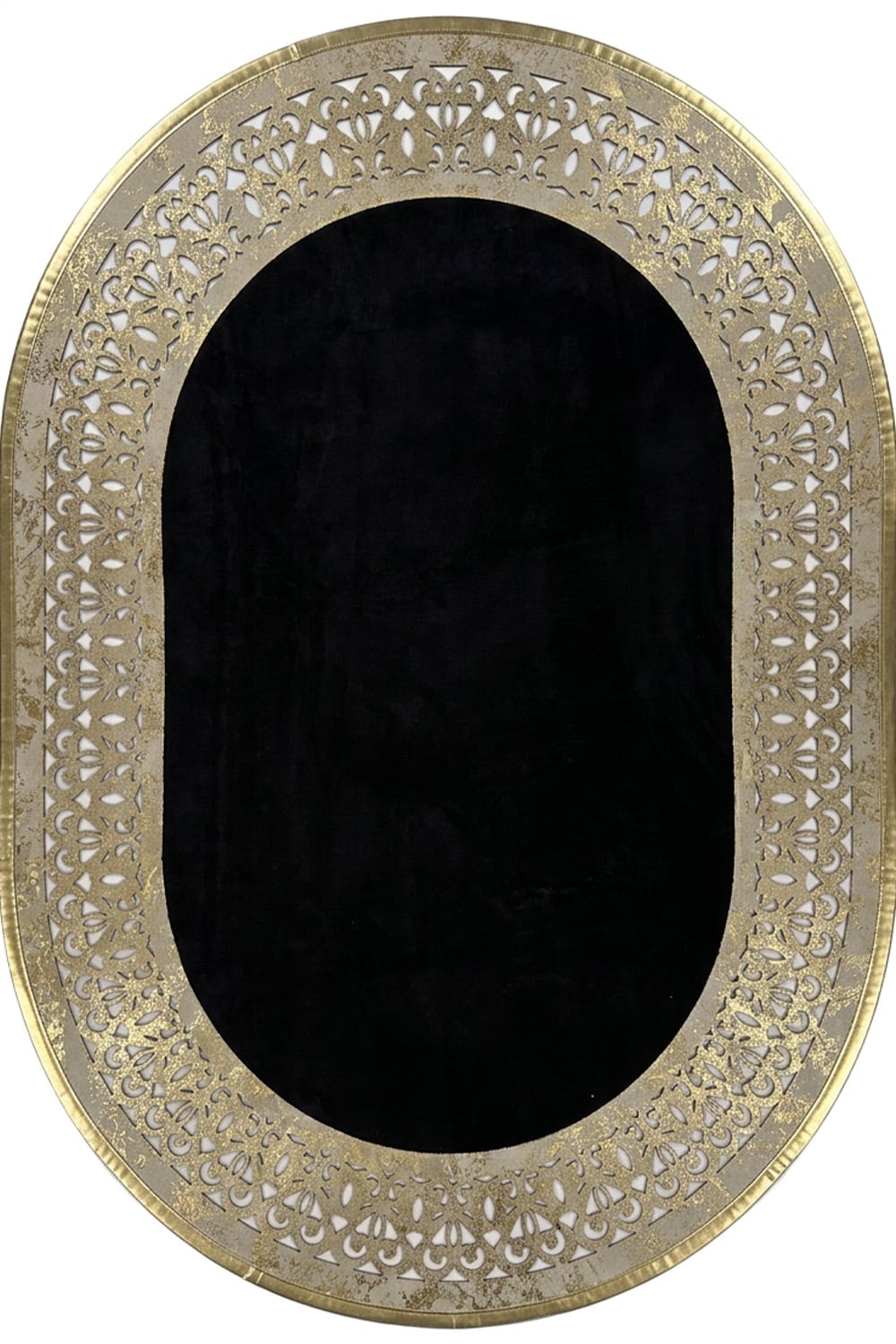 Gold Siyah Diamond Deri Efektli Modern Oval Halı
