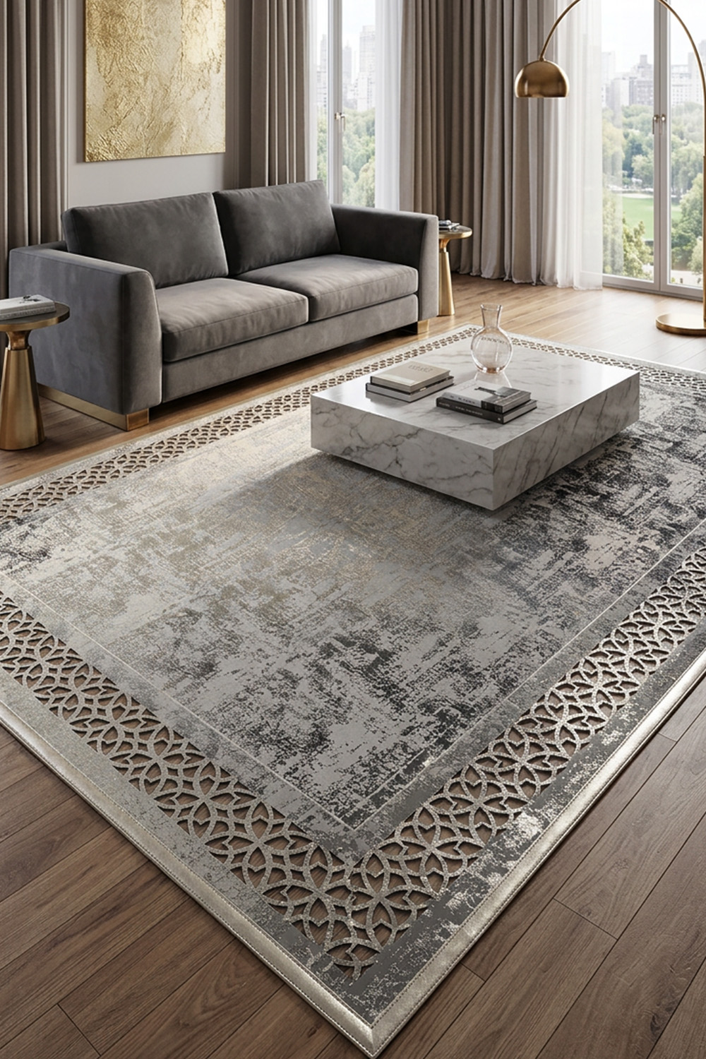Gümüş Eskitme Diamond Deri Efektli Modern Halı