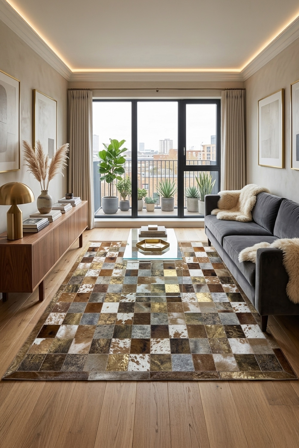 Kahverengi Dana Patchwork Kare Desenli %100 Dana Derisi Halı