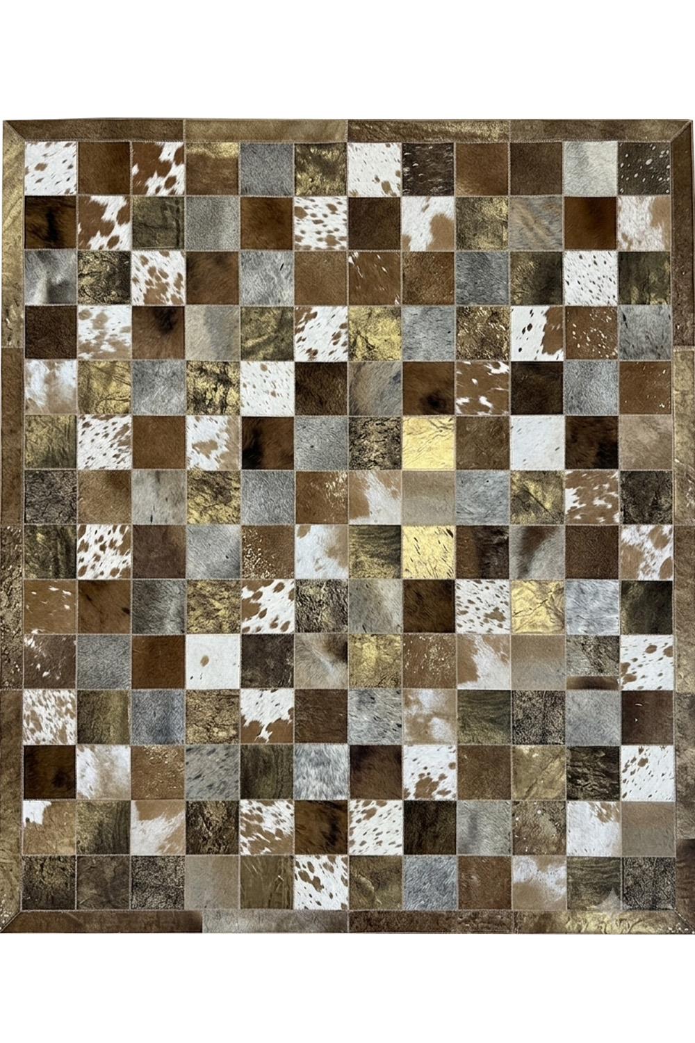 Kahverengi Dana Patchwork Kare Desenli %100 Dana Derisi Halı
