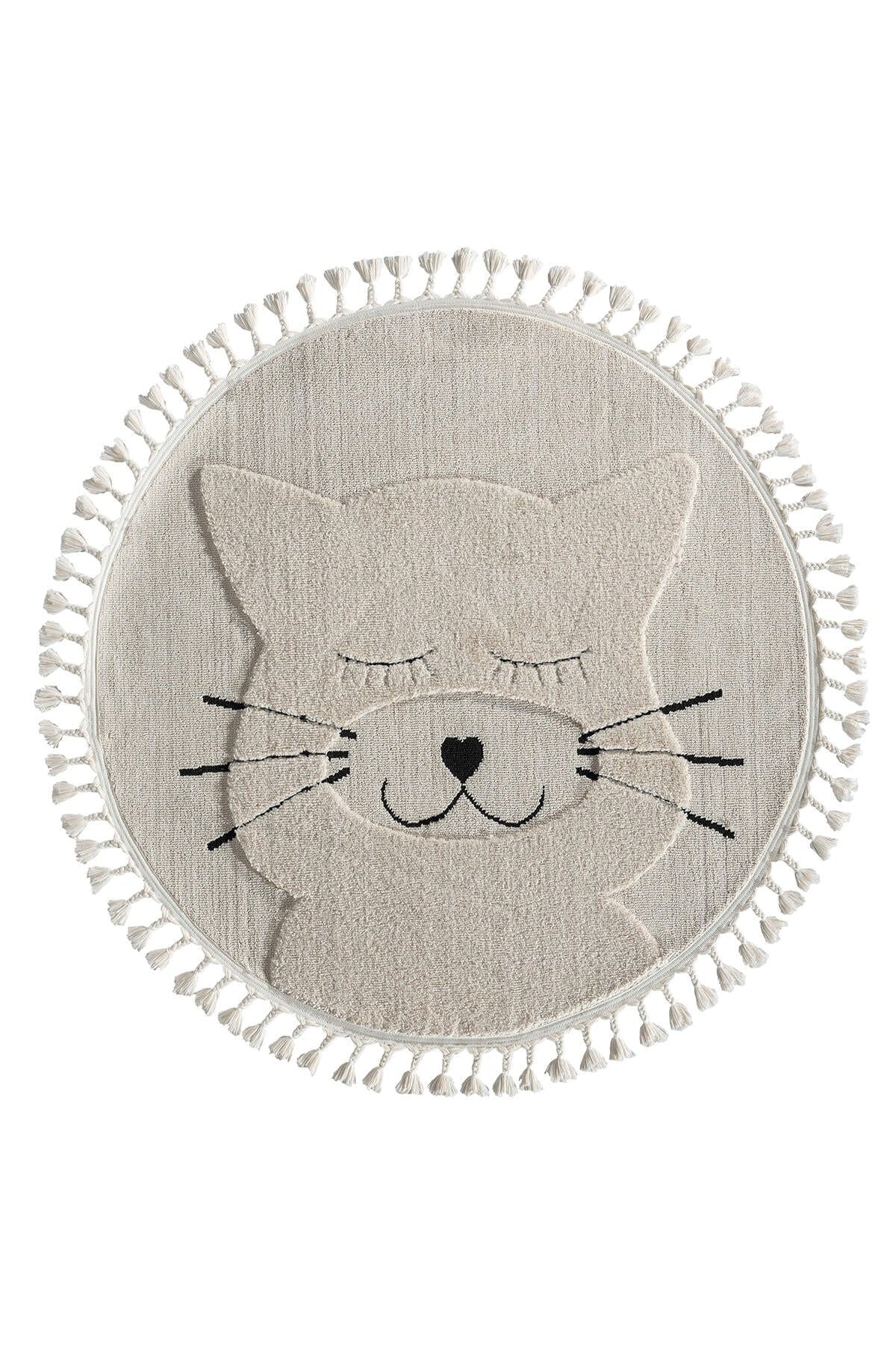 Kids - Kitty Kedi Figürlü Yuvarlak Takma Saçaklı Çocuk Odası Halısı