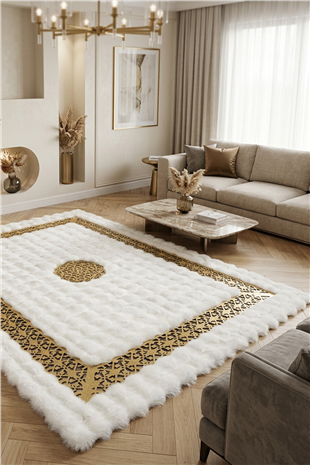 Beyaz Gold Şahmeran Ortası Desenli Kadife Yumuşaklığında Tavşan Tüyü Halı