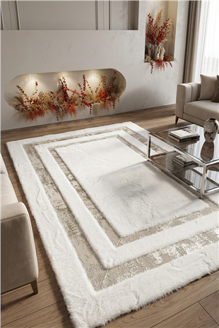 Beyaz Gümüş Şahmeran Kadife Yumuşaklığında Tavşan Tüyü Halı