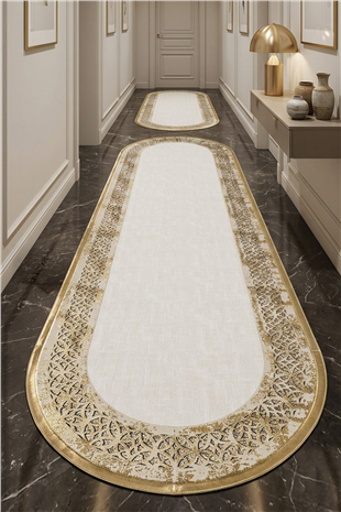 Eskitme Gold Beyaz Rono Deri Oval Halı